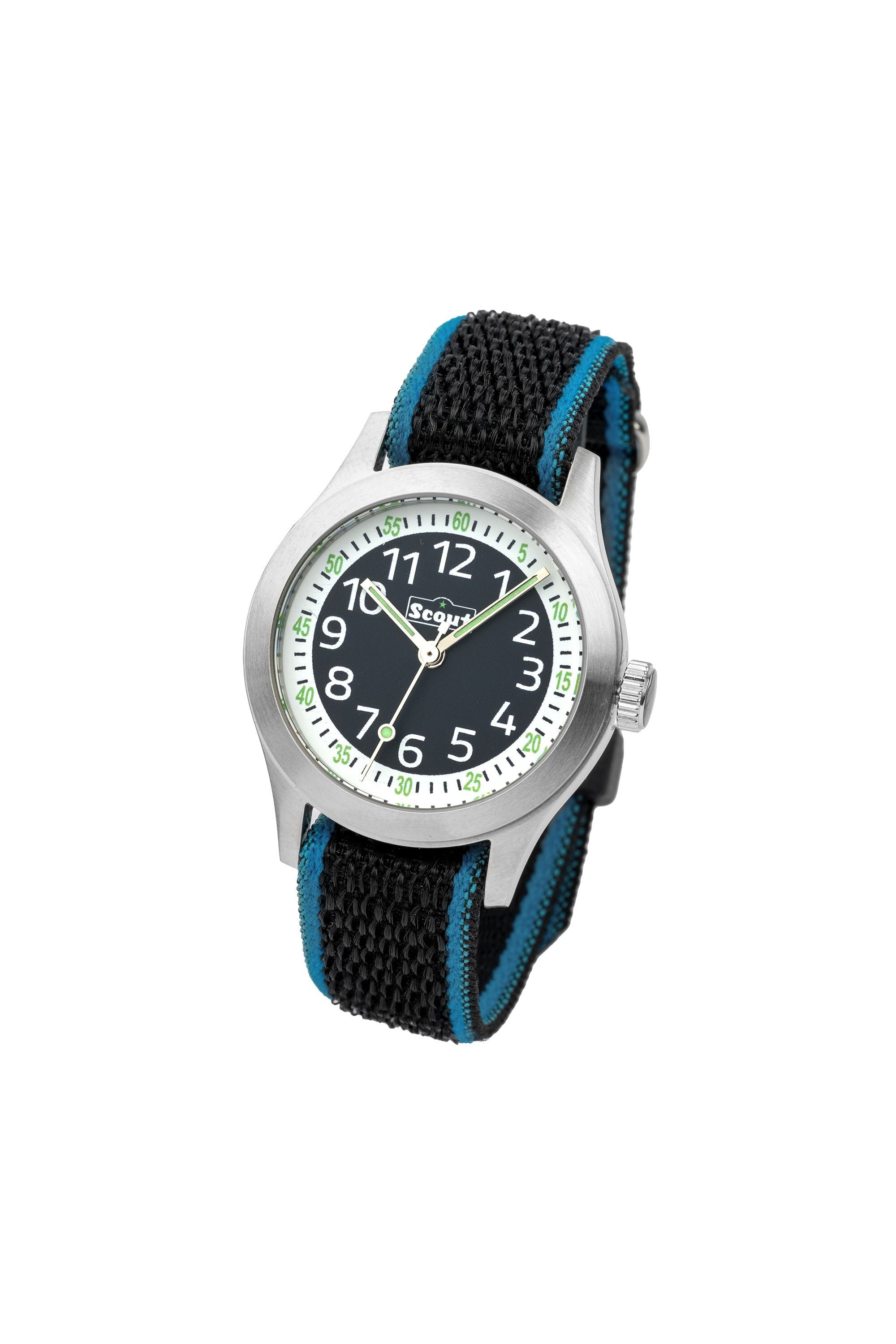 Scout Kinderuhr analog aus der Serie "Cool" mit schwarz blauem Textilband, Quarzwerk und Klettverschluss (164000024)