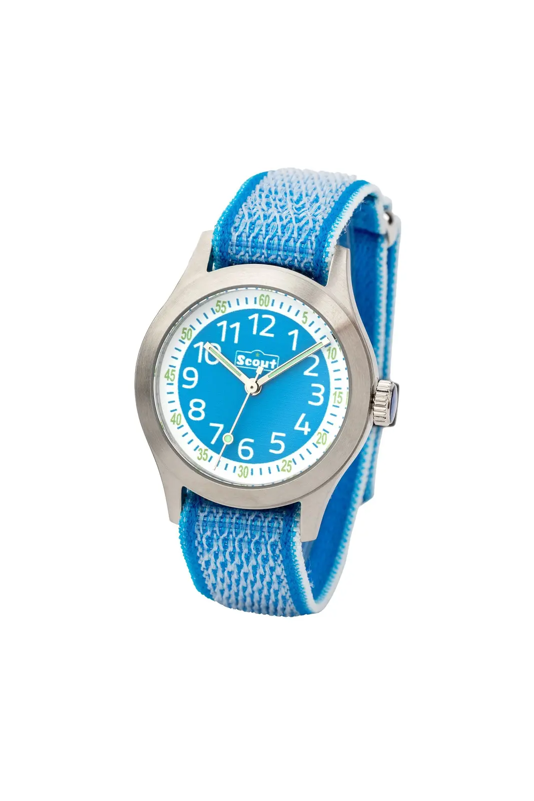 Scout Kinderuhr analog aus der Serie "Cool" mit hellblauem Textilband, Quarzwerk und Klettverschluss