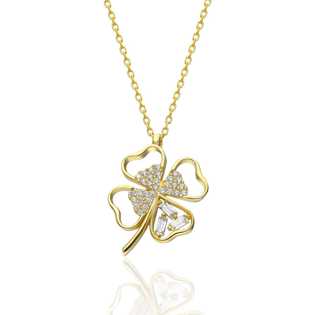 Clover Leaf Heart Stone Necklace - 925 SILVER