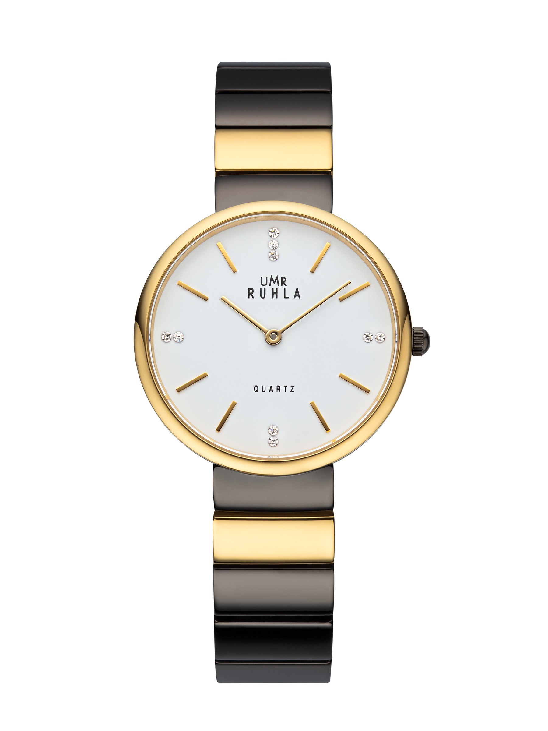 UMR Ruhla 80410 Damenuhr Edelstahl IP Gun Gold Weißes Zifferblatt