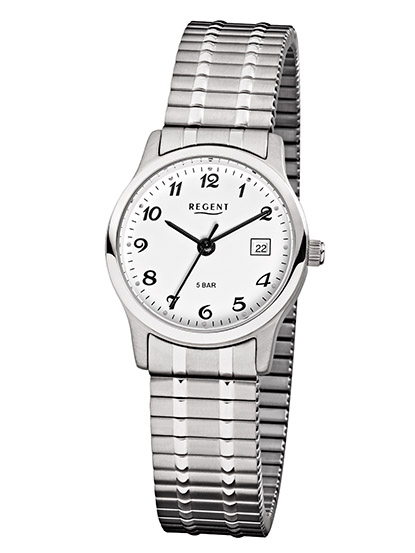 REGENT F-885 Damenuhr Edelstahl 27 mm Weiß Zugband Datum 5 BAR