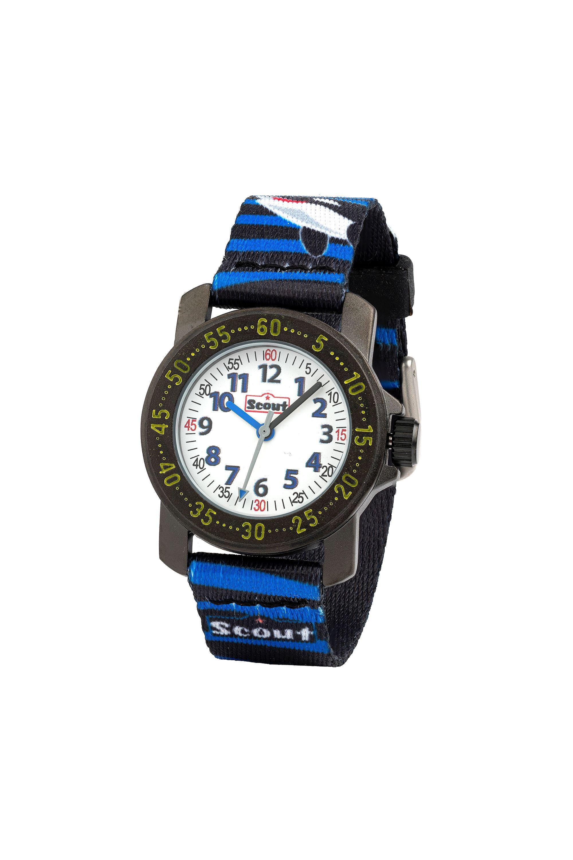 Scout Kinderuhr analog aus der Serie "Action" mit schwarz blauem Textilband mit Orca-Motiven und Quarzwerk (164000036)