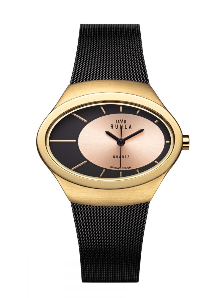 UMR Ruhla 91334 Damenuhr Edelstahl Gold Schwarz Milanaise Zifferblatt