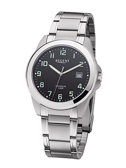 REGENT F-1283 Herrenuhr Edelstahl Saphirglas 40 mm 10 BAR Schwarz