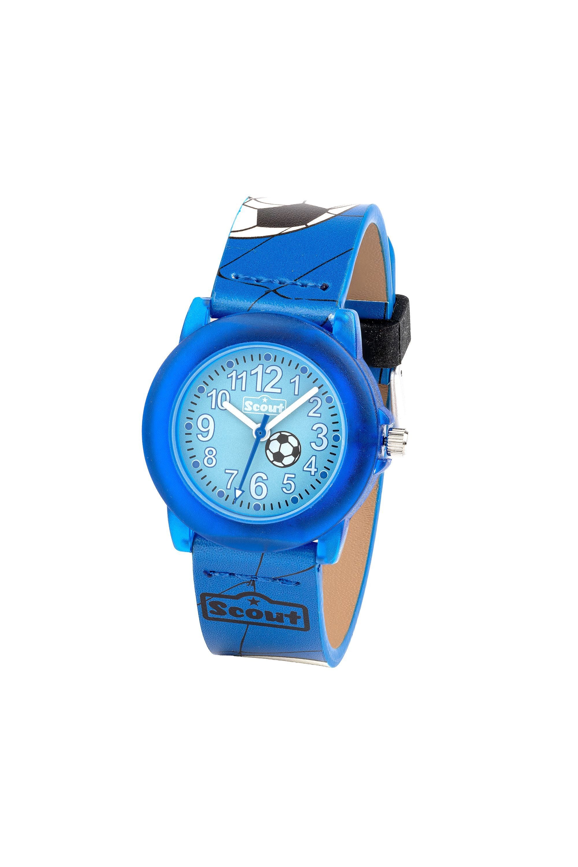 Scout Kinderuhr analog aus der Serie "Crystal" mit blauem Kunstlederband mit Fussball-Motiven und Quarzwerk (164000008)