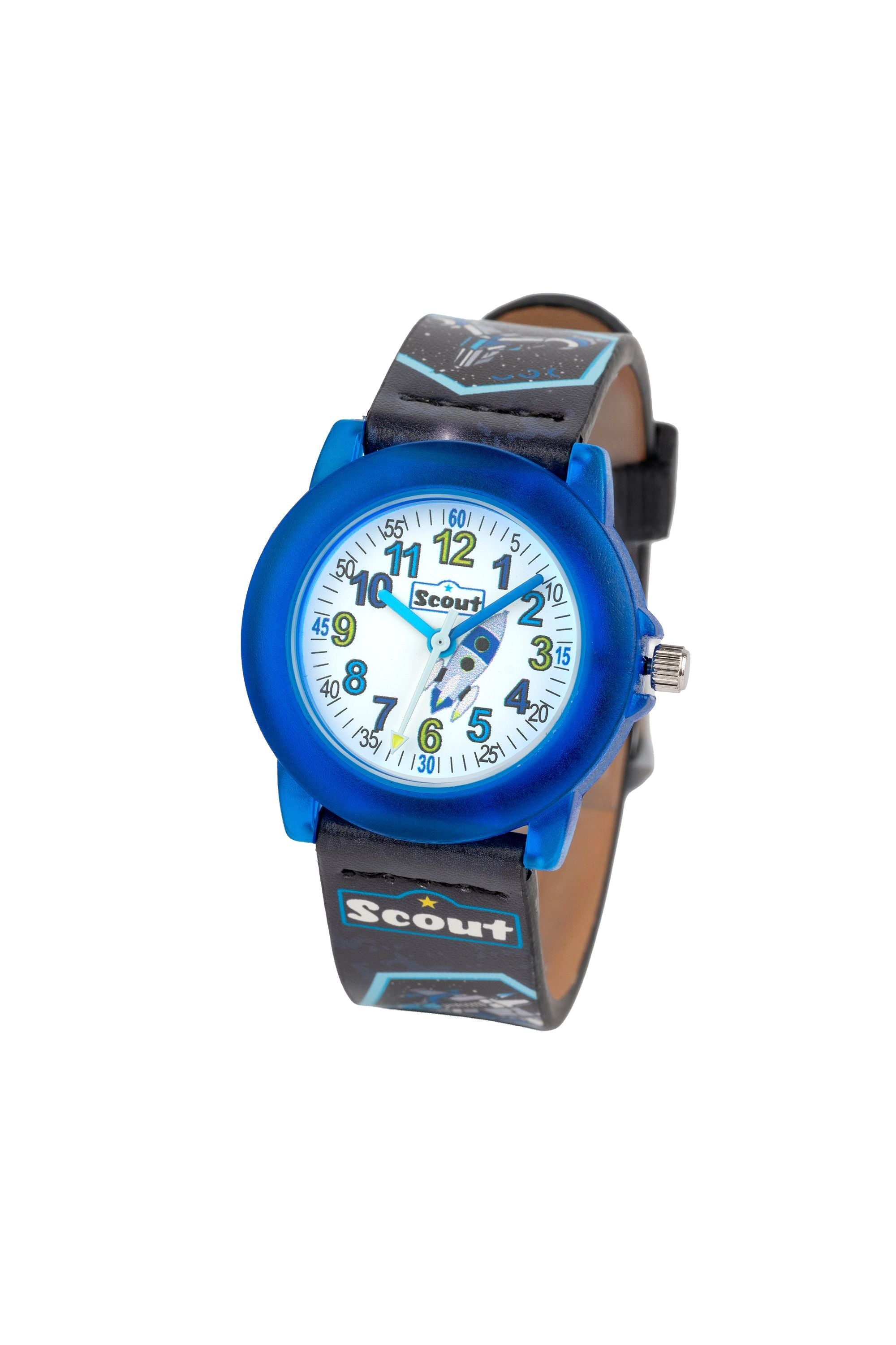 Scout Kinderuhr analog aus der Serie "Crystal" mit schwarz/blauem Kunstlederband mit Weltall-Motiven und Quarzwerk - OneSize (164000011)
