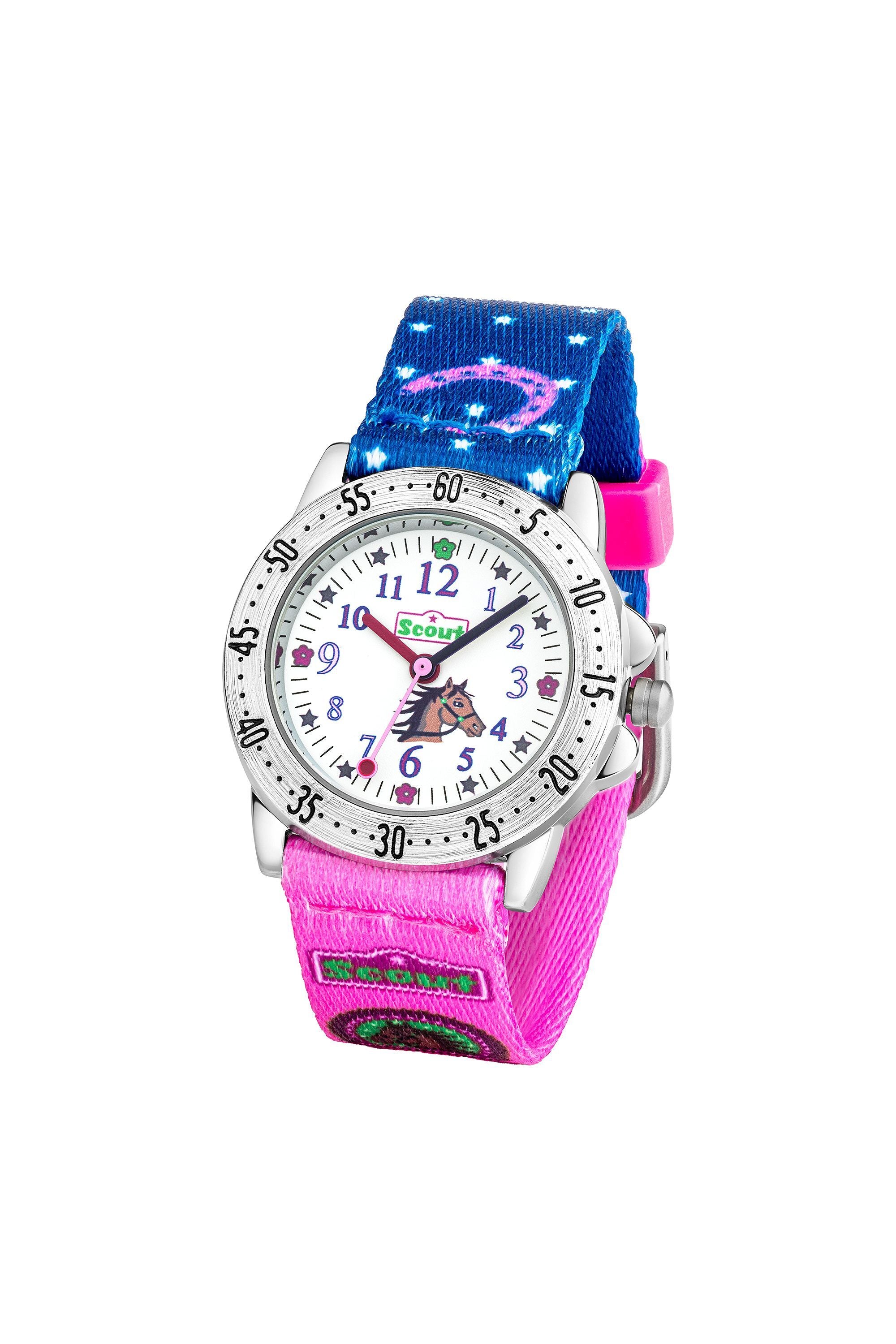 Scout Kinderuhr analog aus der Serie "Action" mit pink dunkelblauem Textilband mit Pferde-Motiv und Quarzwerk (164000043)