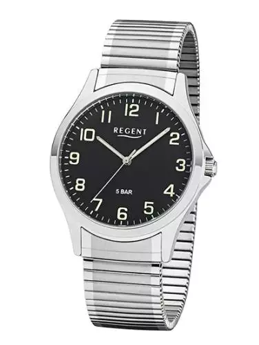 REGENT 1242428 Herrenuhr 39 mm Schwarz Silber Zugband 5 BAR