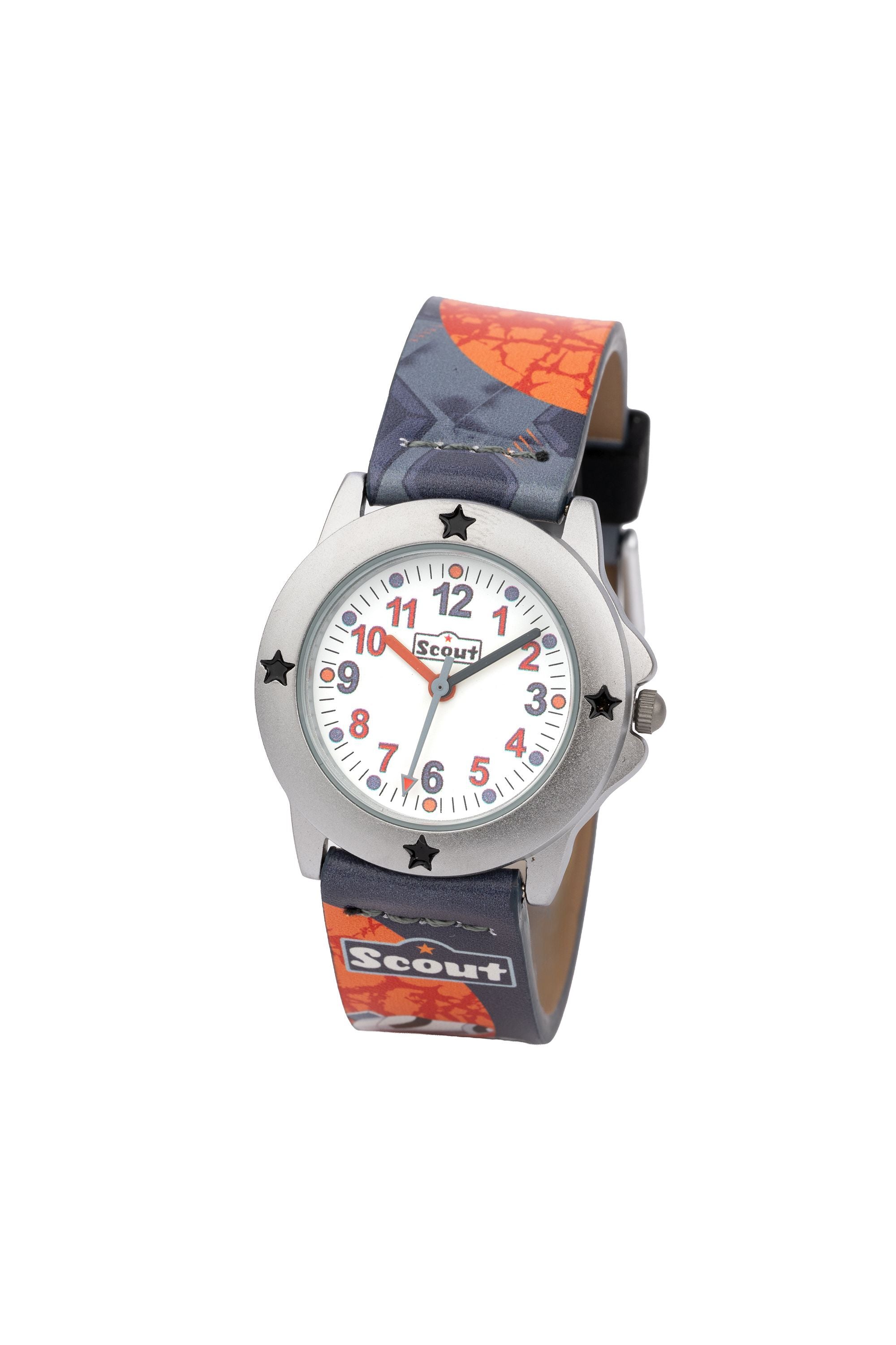 Scout Kinderuhr analog aus der Serie "Star Kids" mit orange schwarzem Kunstlederband, Weltraum-Motiven und Quarzwerk (164000049)