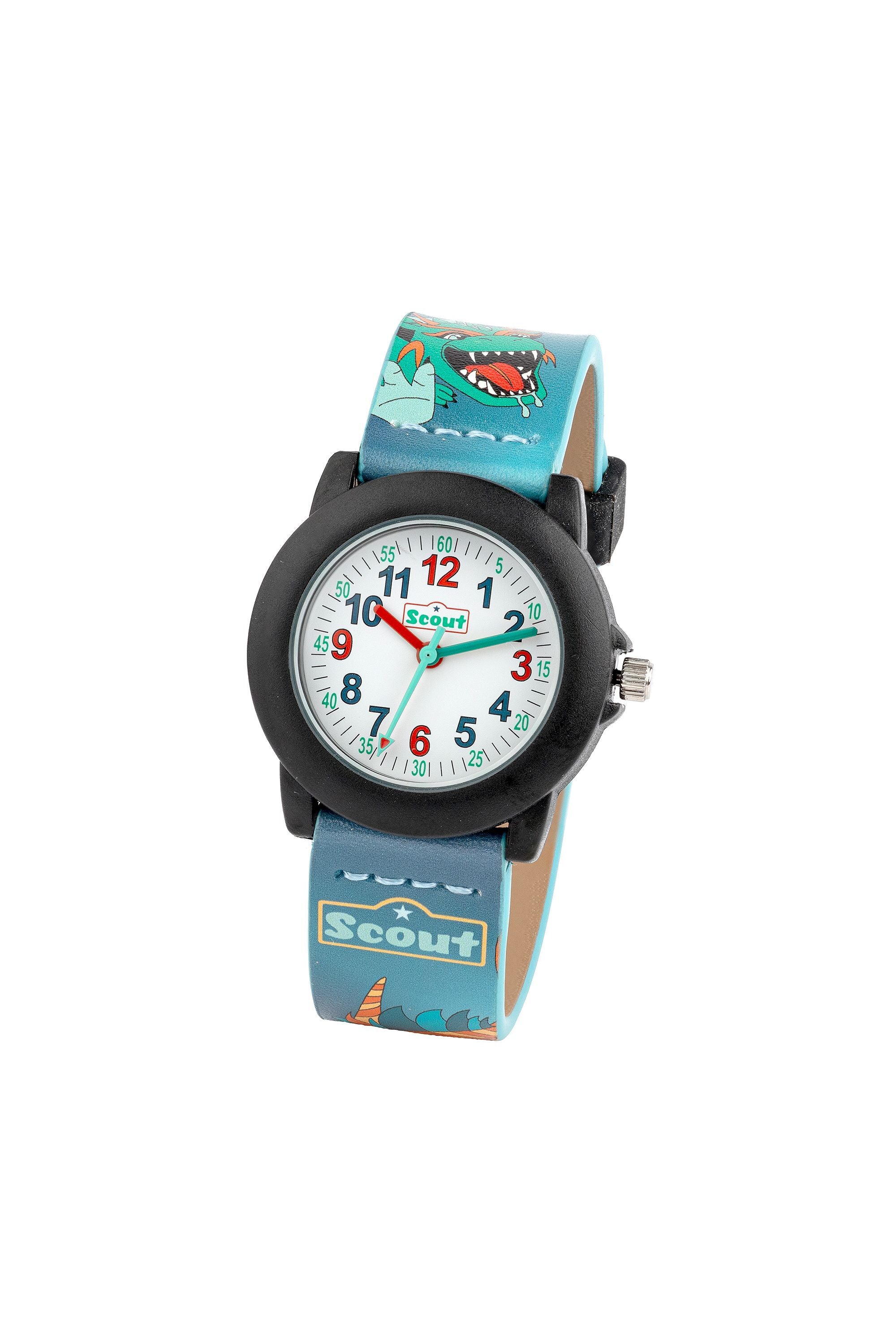 Scout Kinderuhr analog aus der Serie "Crystal" mit buntem Kunstlederband mit Drachen-Motiven und Quarzwerk (164000015)