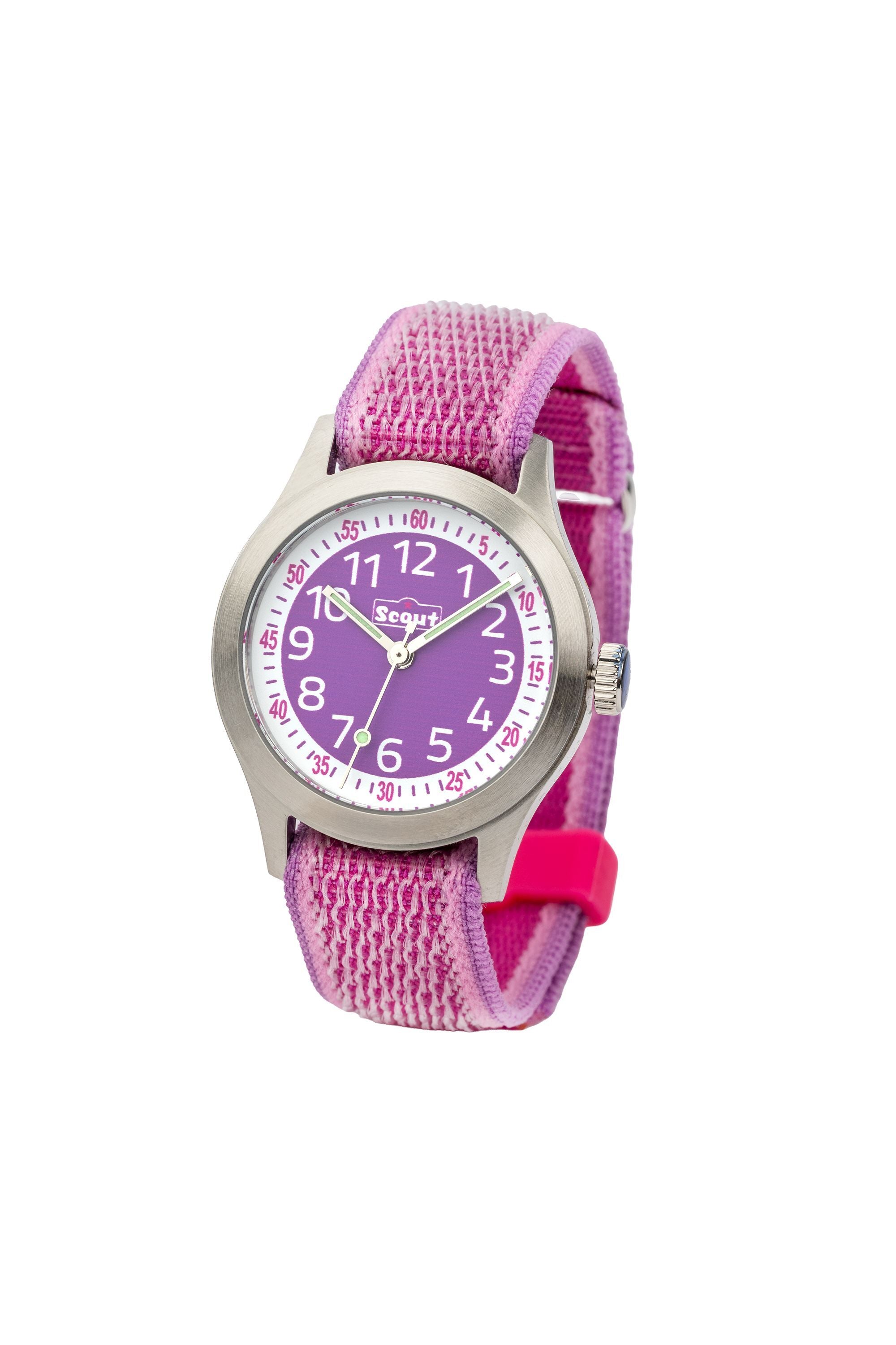 Scout Kinderuhr analog aus der Serie "Cool" mit rosa pinkem Textilband, Quarzwerk und Klettverschluss (164000022)