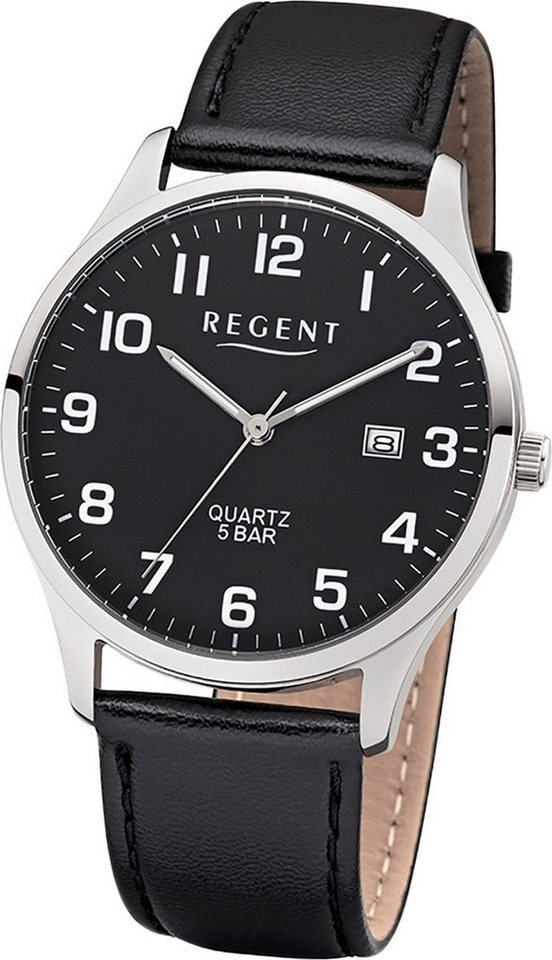 REGENT F-1563 Herrenuhr Edelstahl 40 mm Schwarz Leder 5 BAR Quarz