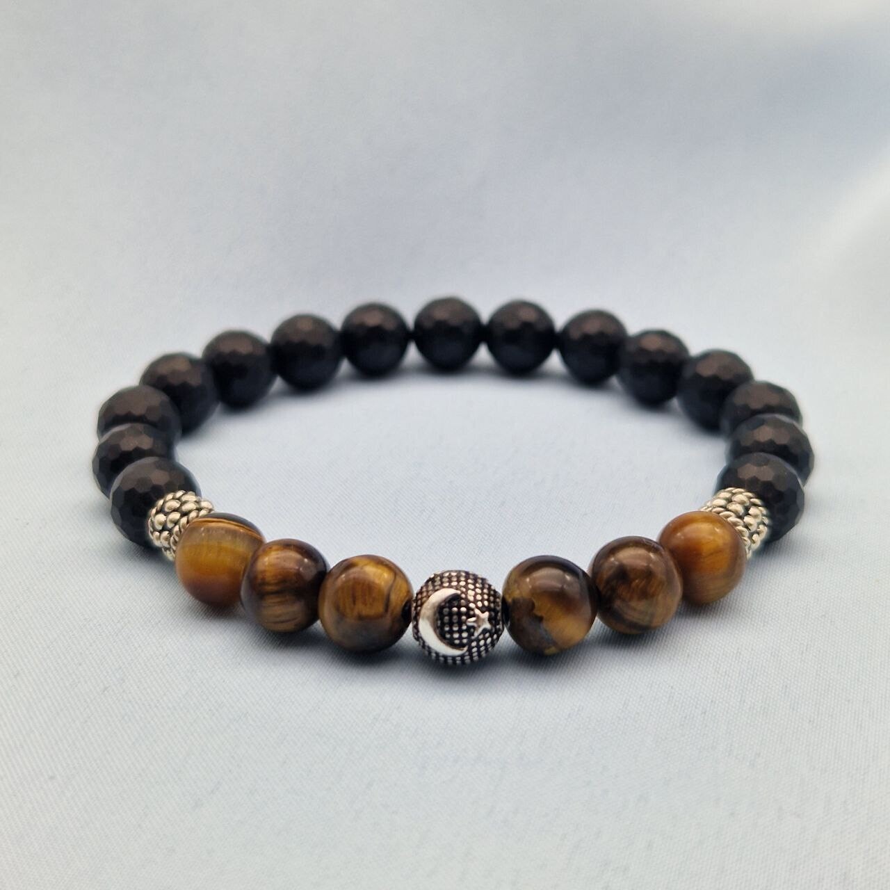 Silver star and crescent natural stone bracelet