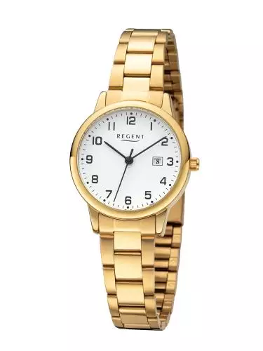 REGENT W-0272 Damenuhr Gold 30 mm Weiß Metallband Datum 3 BAR