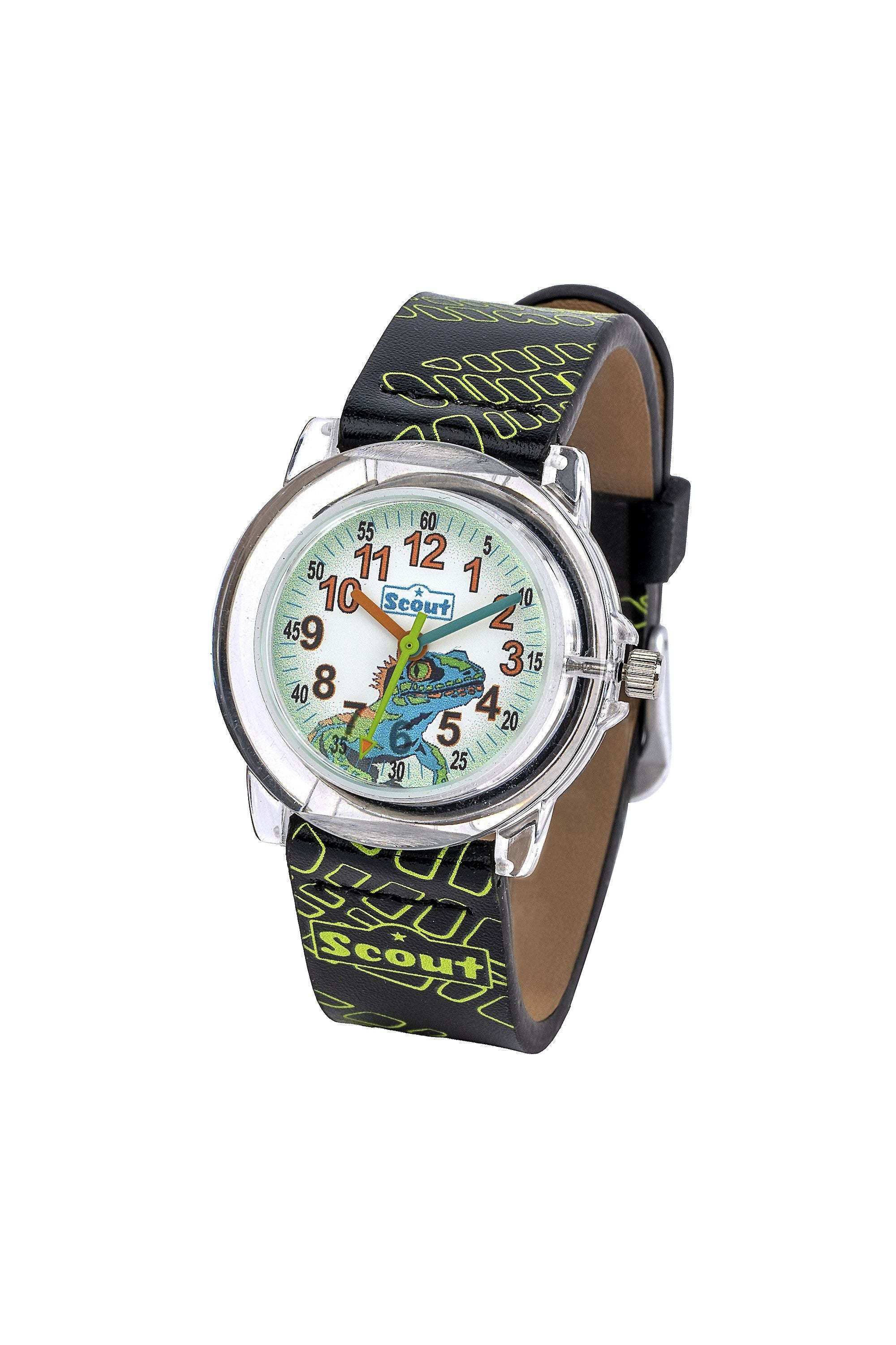 Scout Kinderuhr analog aus der Serie "Crystal" mit schwarz/grünem Kunstlederband, Echsen-Motiv und Quarzwerk - OneSize (164000019)