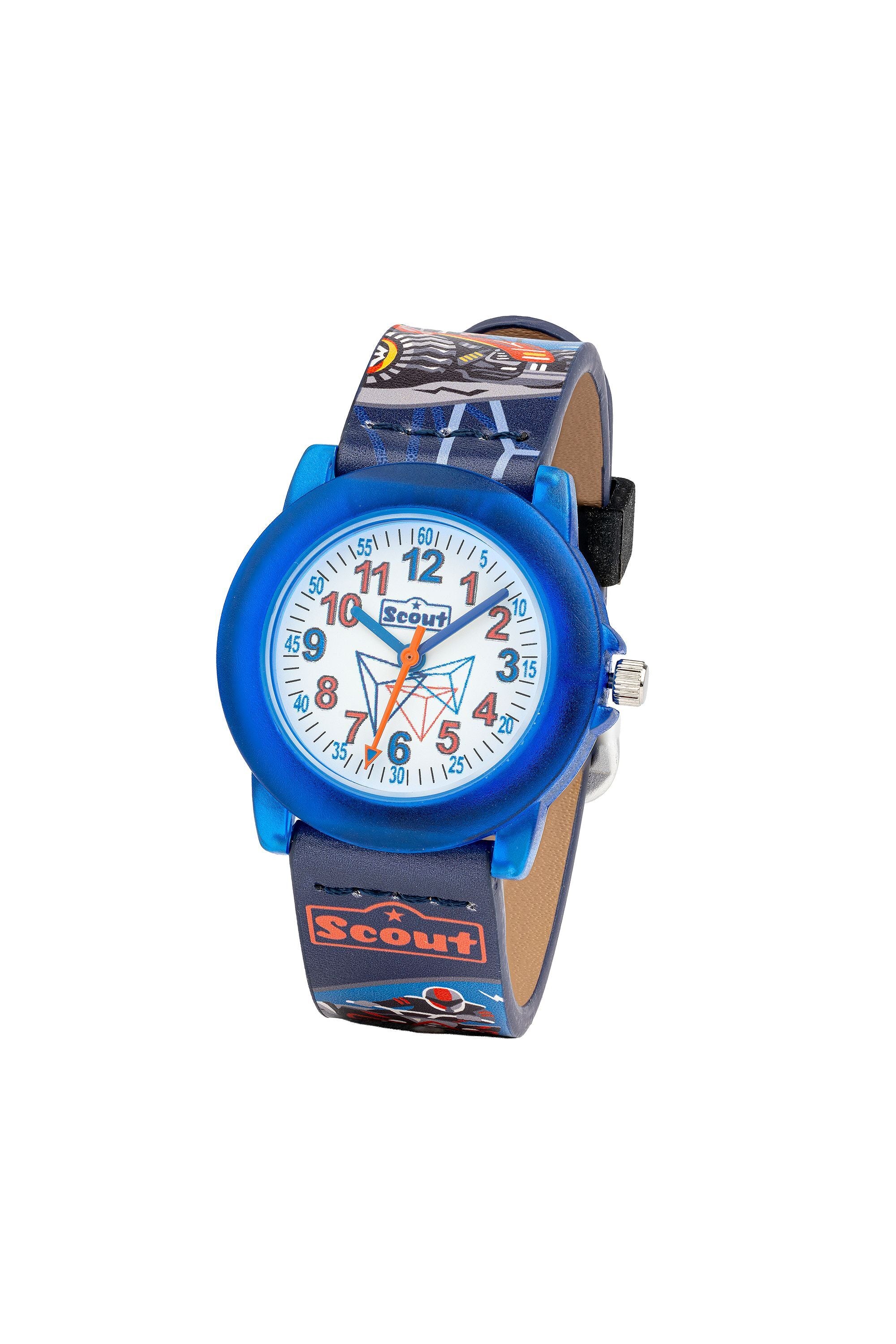 Scout Kinderuhr analog aus der Serie "Crystal" mit blau rotem Kunstlederband, Quad-Motiven und Quarzwerk (164000212)