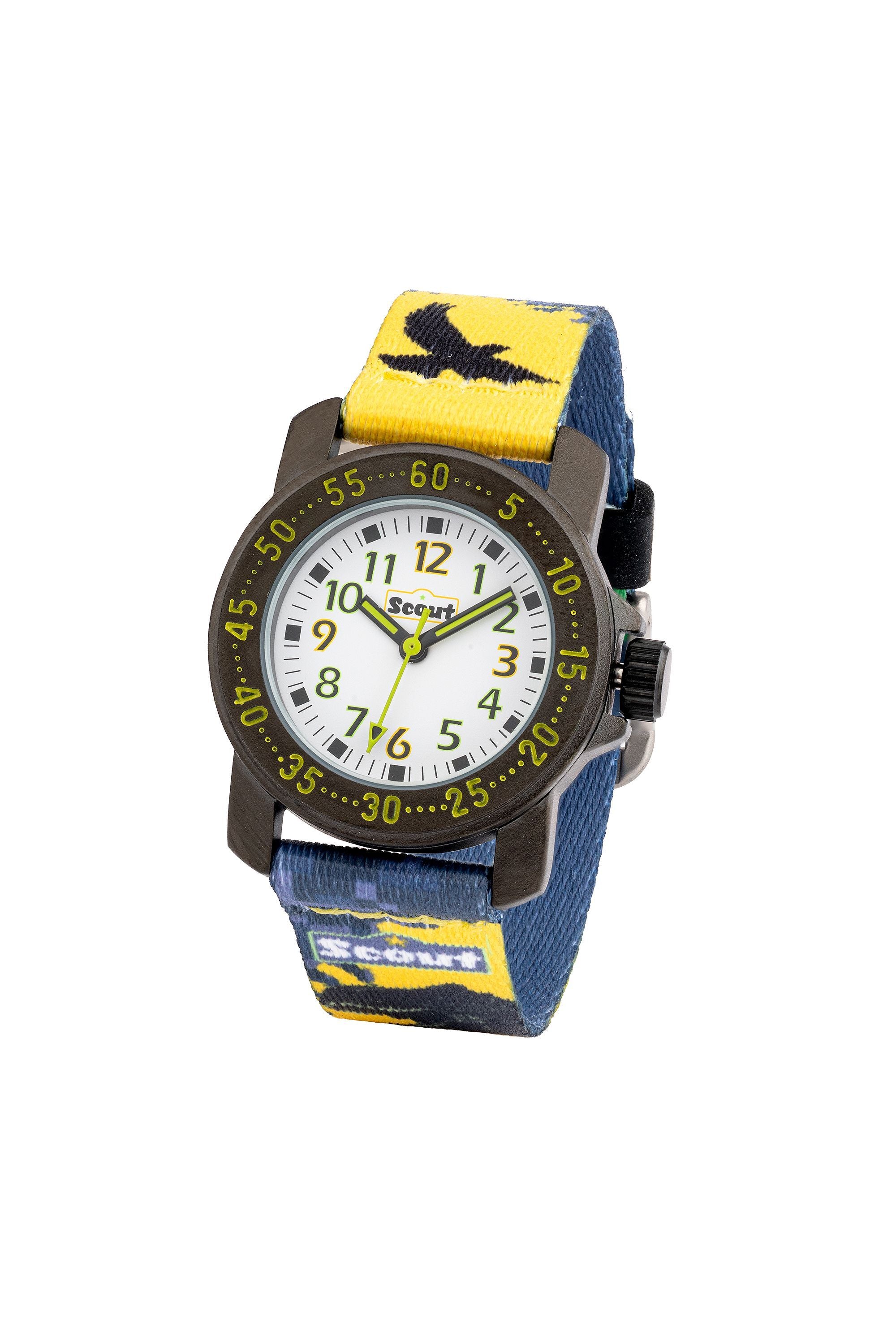 Scout Kinderuhr analog aus der Serie "Action" mit mehrfarbigem Textilband mit Dino-Motiven und Quarzwerk (164000038)