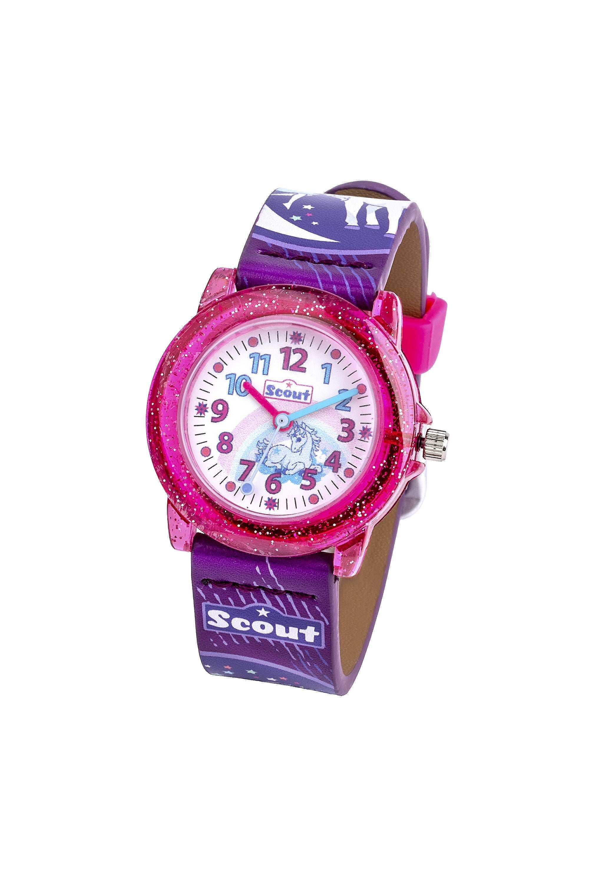 Scout Kinderuhr analog aus der Serie "Crystal" mit lila pinkem Kunstlederband, Einhorn- und Fee-Motiven und Quarzwerk - OneSize (164000012)