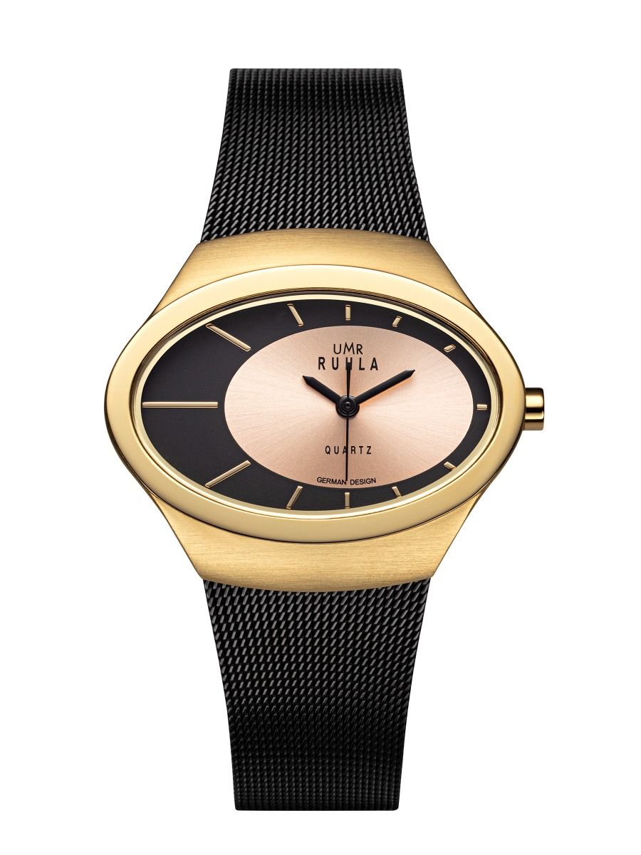 UMR Ruhla 91334 Damenuhr Edelstahl Gold Schwarz Milanaise Zifferblatt