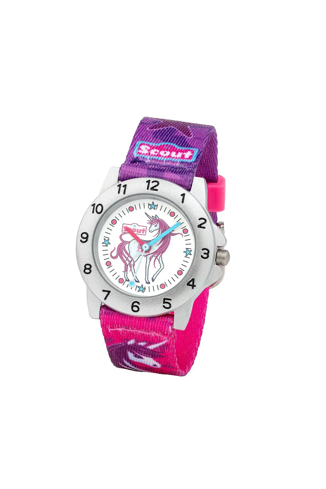 Scout Kinderuhr analog aus der Serie "Action" mit pink lilanem Textilband mit Einhorn-Motiv und Quarzwerk