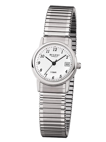 REGENT F-888 Damenuhr Edelstahl 25 mm Weiß Zugband Datum 5 BAR