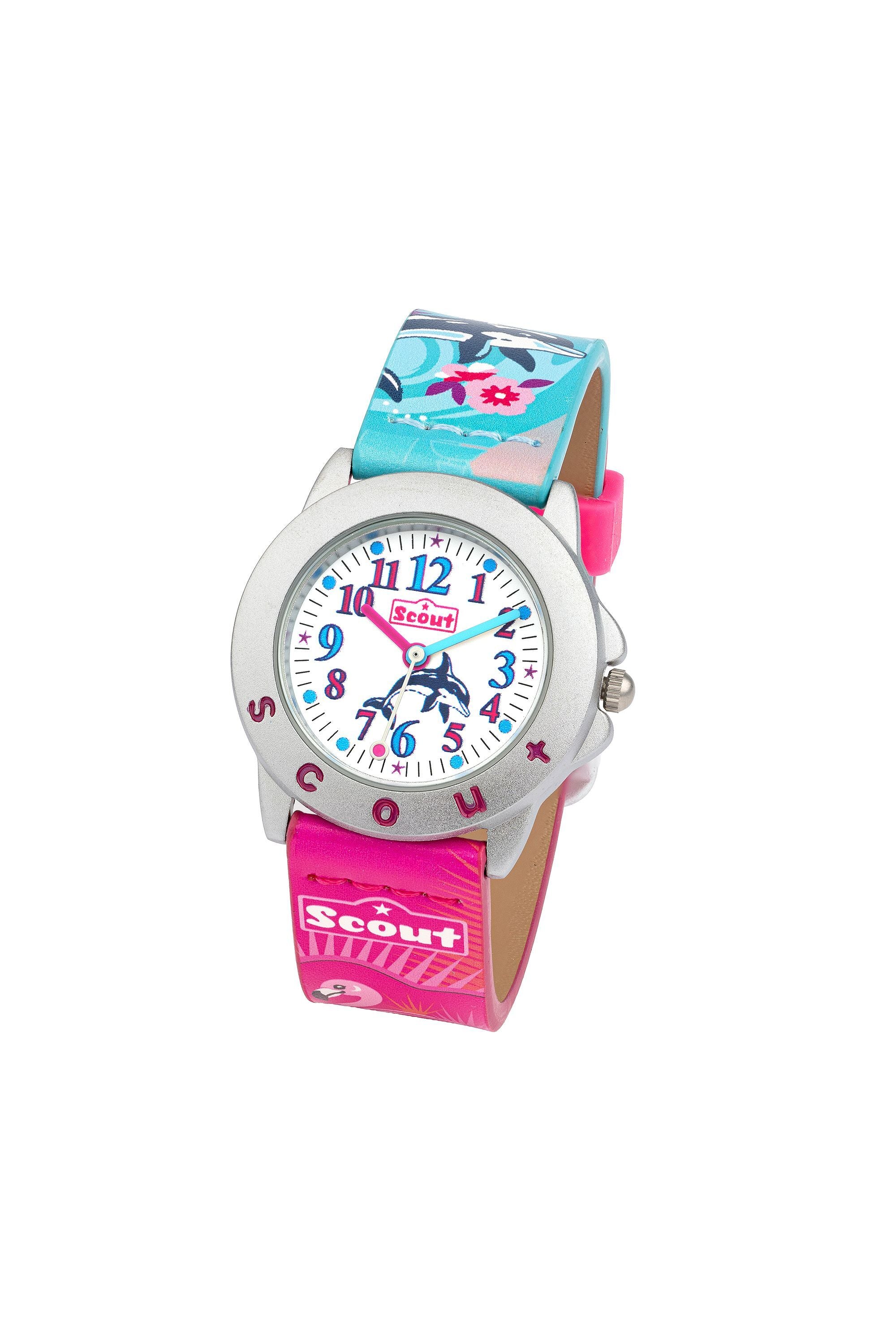 Scout Kinderuhr analog  aus der Serie "Star Kids" mit türkis pinkem Kunstlederband, Wal + Flamingo Motiv und Quarzwerk (164000215)