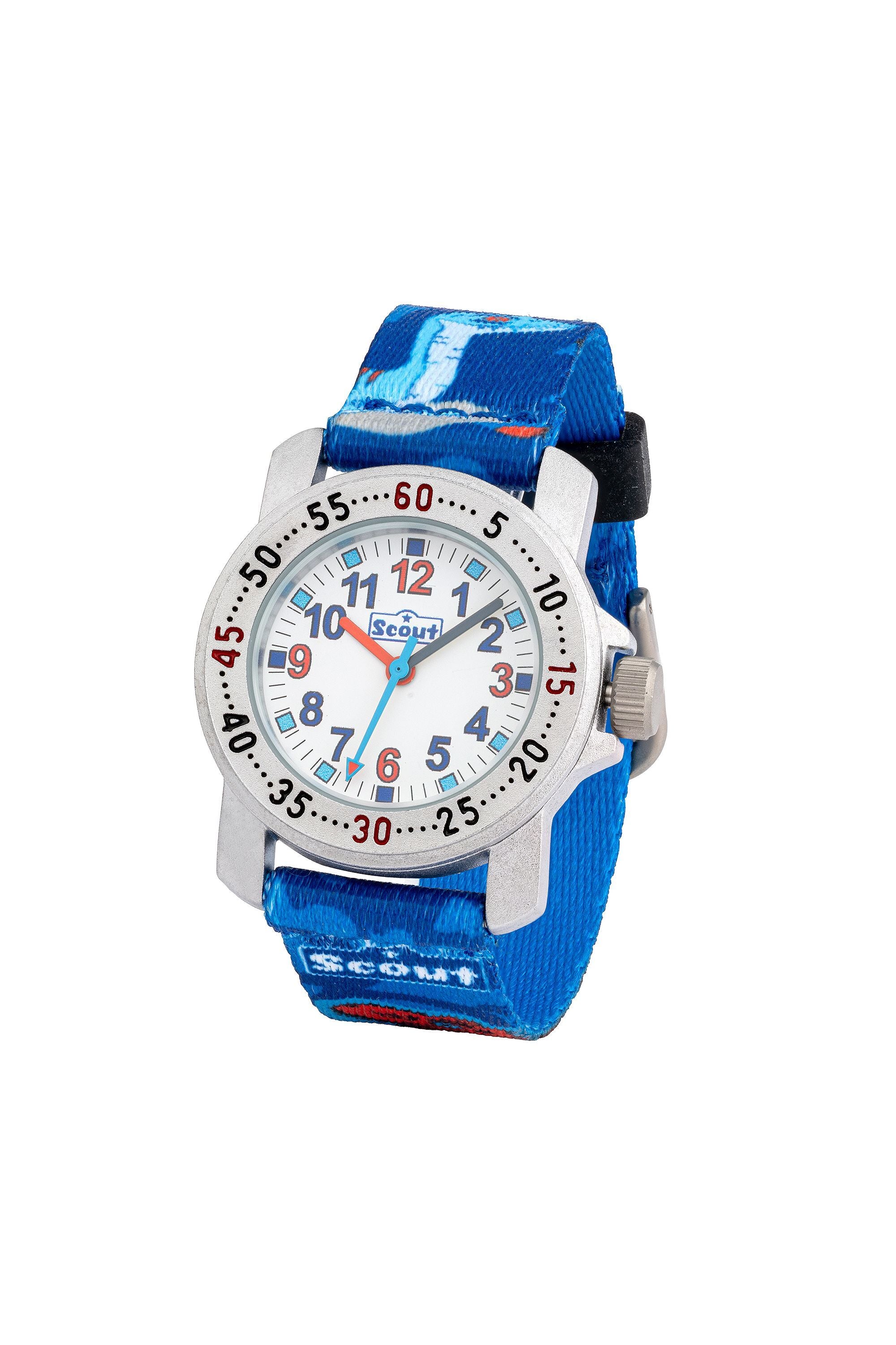 Scout Kinderuhr analog aus der Serie "Action" mit blauem Textilband mit Dino-Motiven und Quarzwerk (164000041)