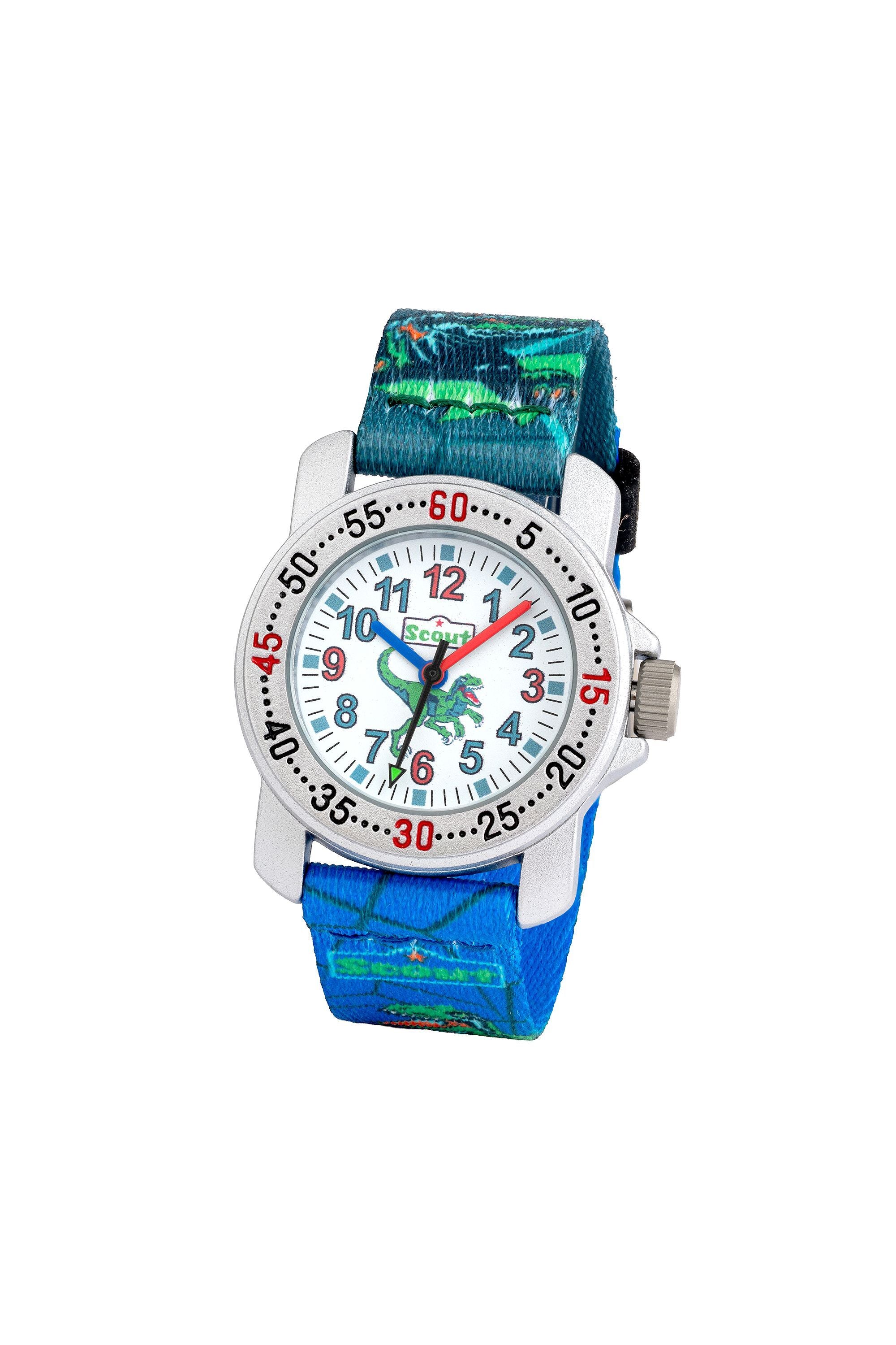 Scout Kinderuhr analog aus der Serie "Action" mit grün blauem Textilband mit Dino-Motiven und Quarzwerk (164000040)
