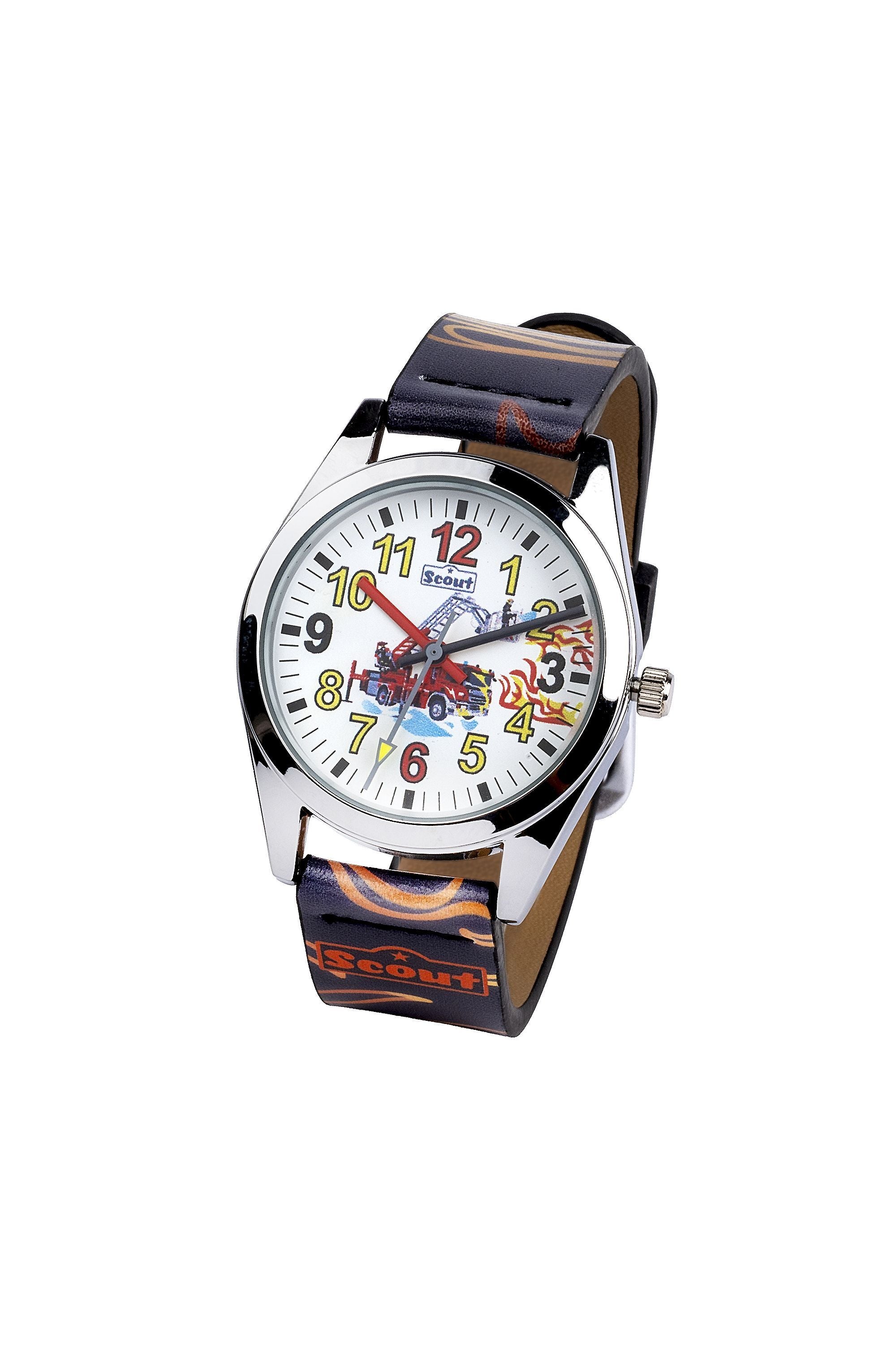 Scout Kinderuhr analog aus der Serie "Classic" mit mehrfarbigem Kunstlederband mit Flammen, Feuerwehr-Motiv und Quarzwerk - OneSize (164000021)