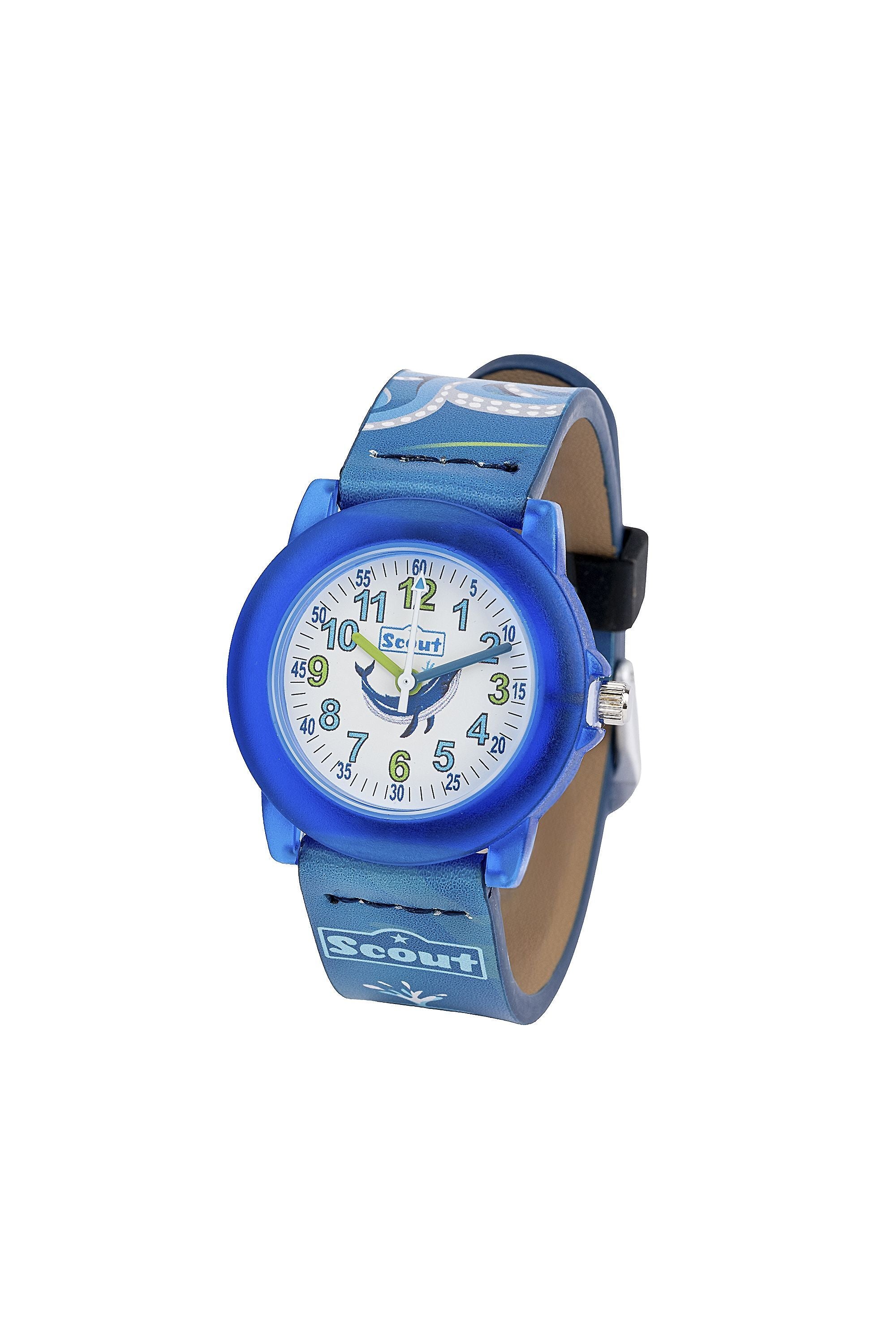 Scout Kinderuhr analog aus der Serie "Crystal" mit blauem Kunstlederband mit Unterwasserwelt-Motiven und Quarzwerk (164000017)