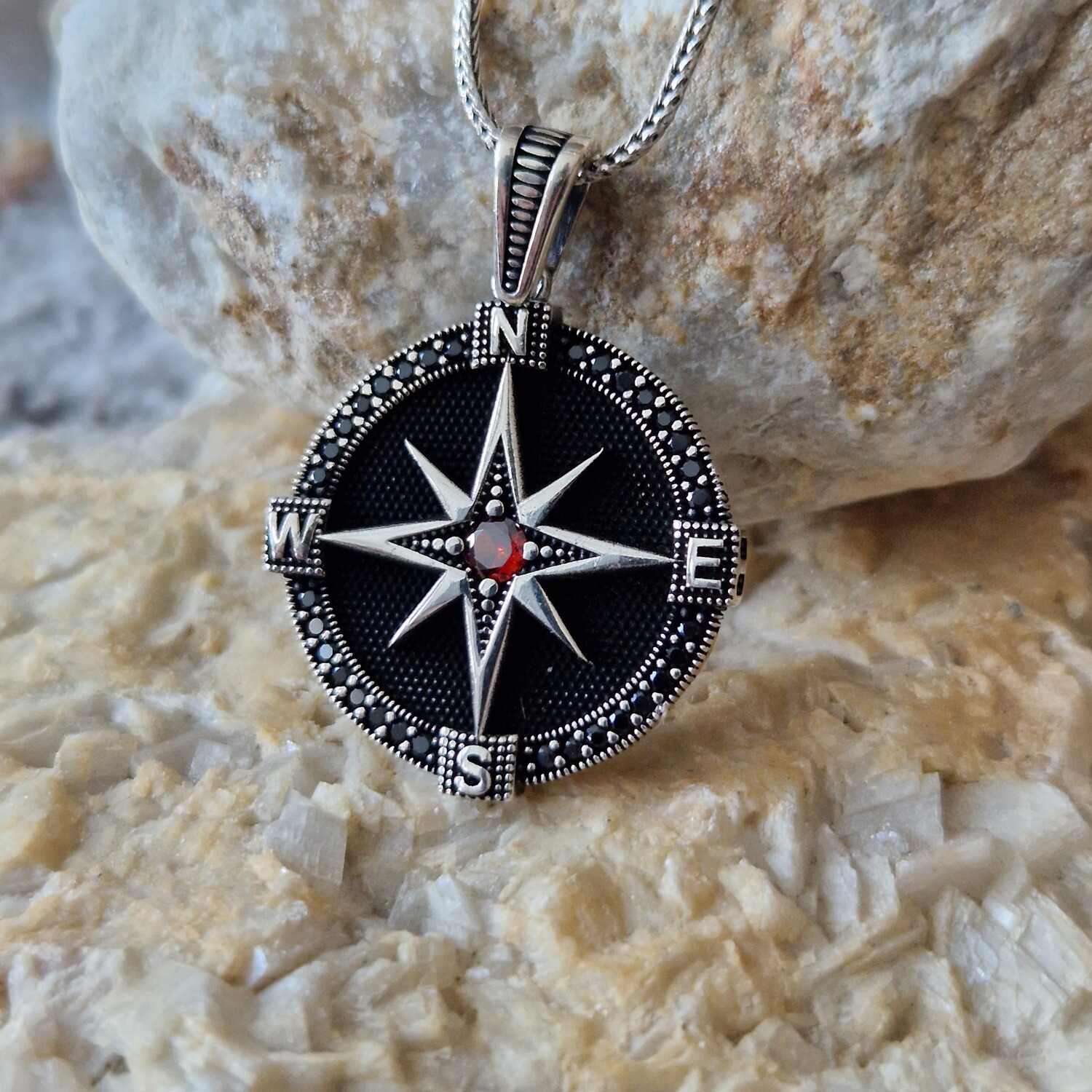 925K Sterling Silver Compass Necklace