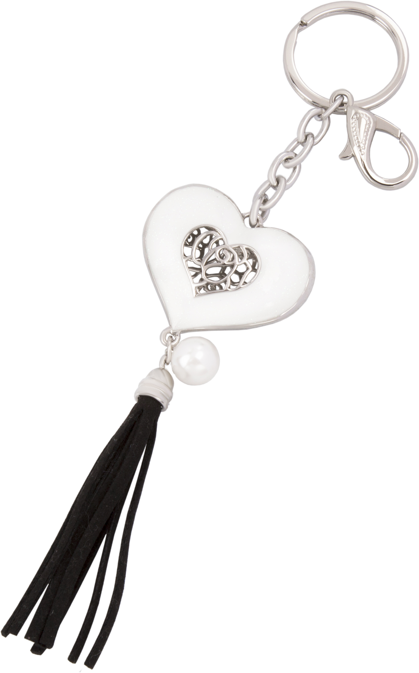 Schlüsselanhänger Herz (weiß) m. Fransen (schwarz) (8800-54)