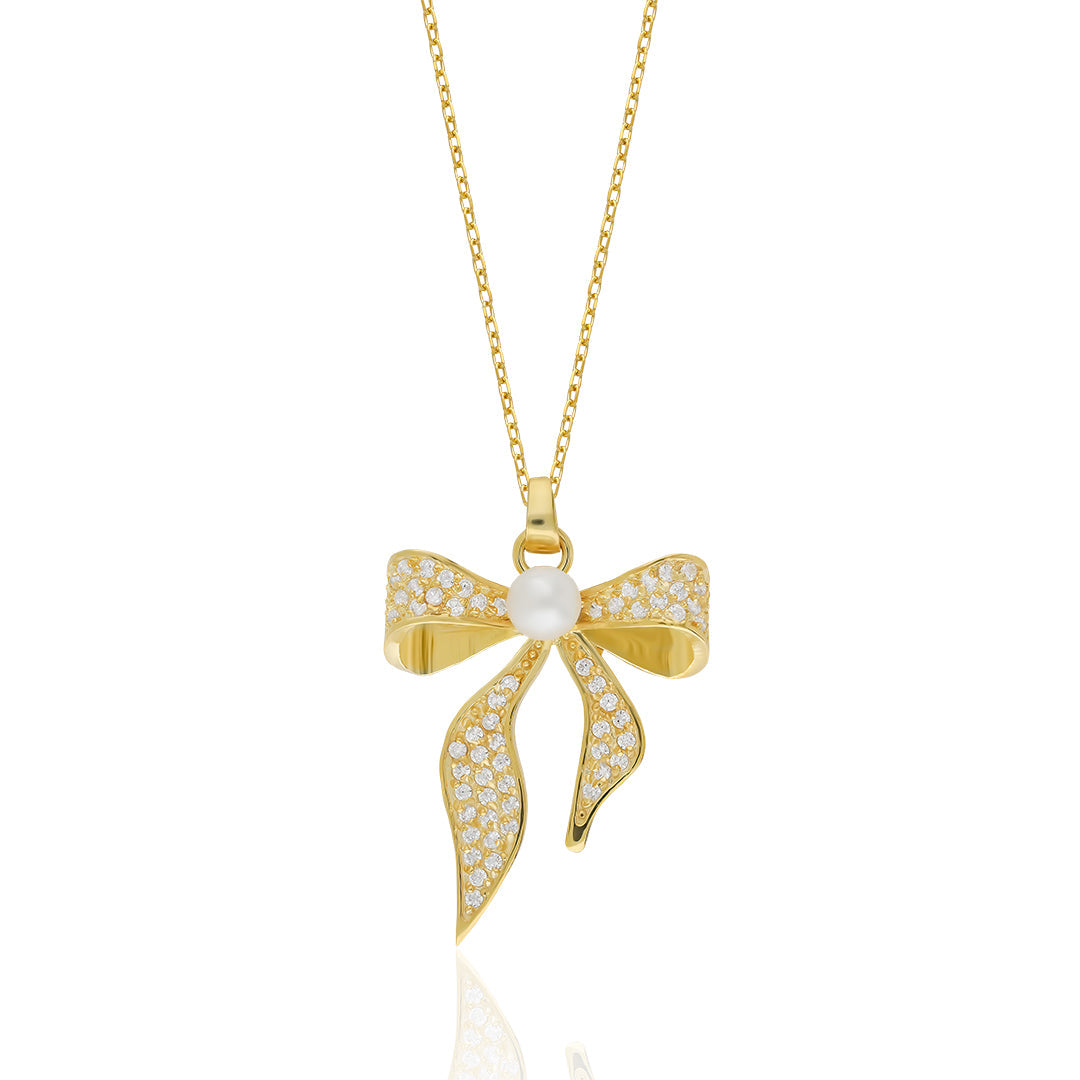 Pearl Stone Bow Necklace - 925 SILVER