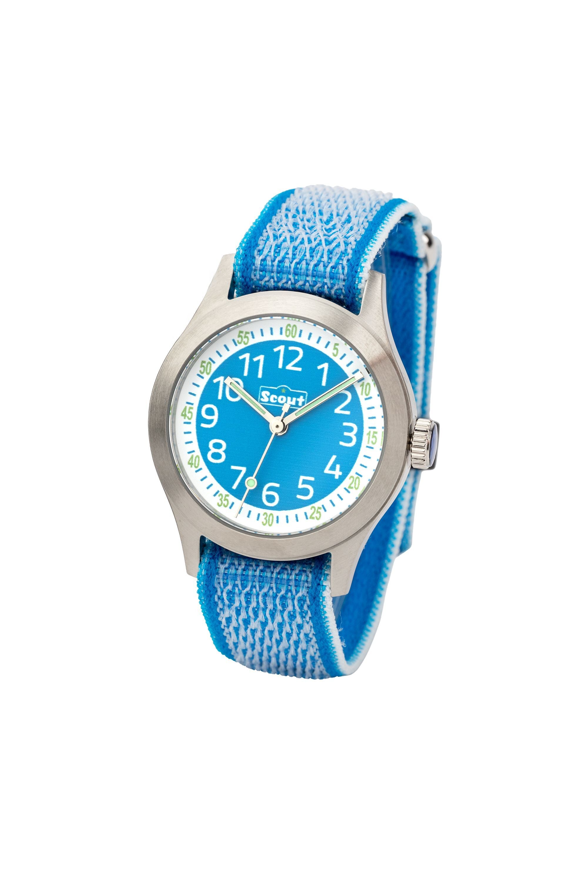 Scout Kinderuhr analog aus der Serie "Cool" mit hellblauem Textilband, Quarzwerk und Klettverschluss (164000023)
