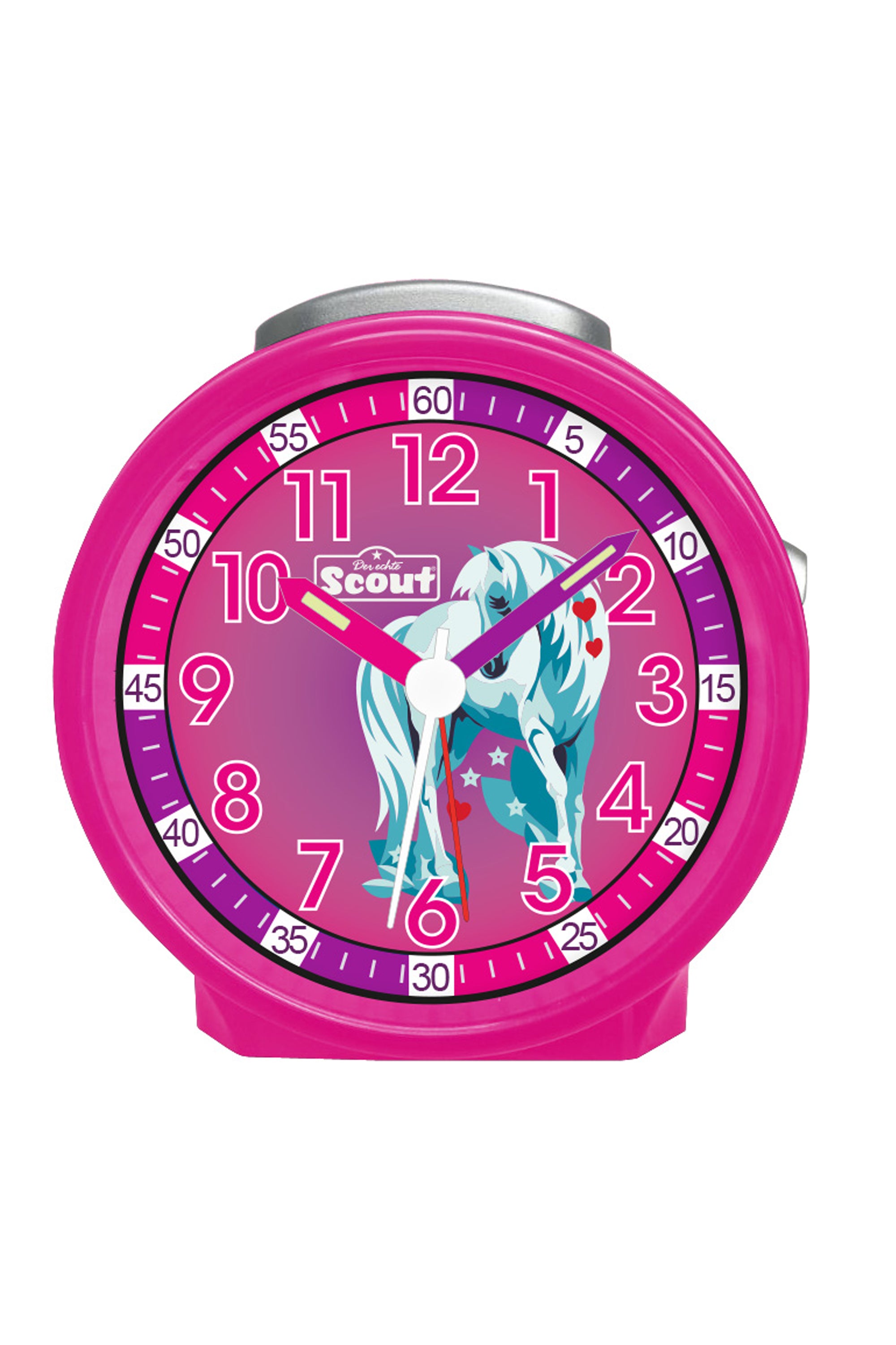Scout Wecker analog mit pinkem Gehäuse Serie "White Unicorn" mit Lernziffernblatt und Einhorn-Motiv