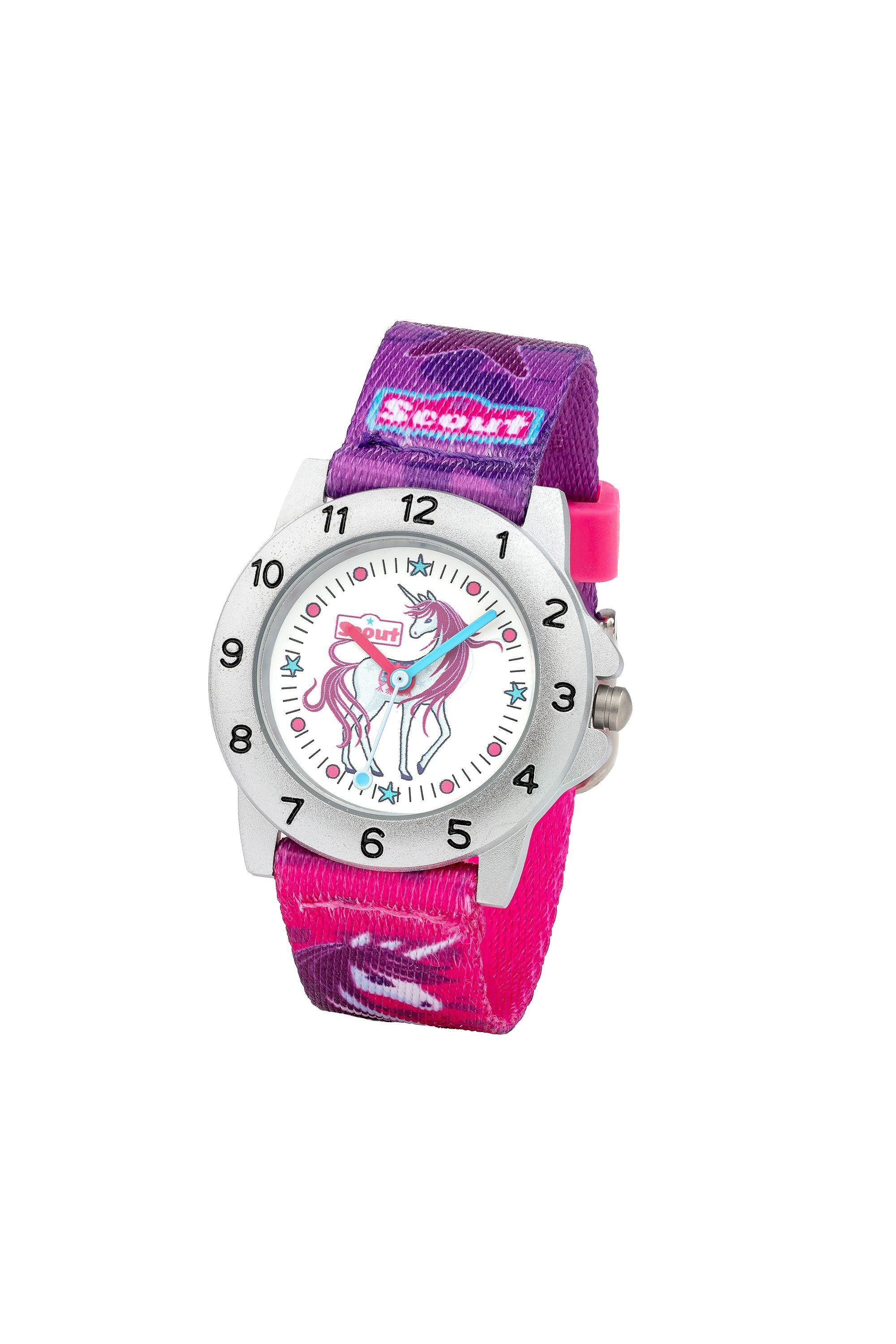 Scout Kinderuhr analog aus der Serie "Action" mit pink lilanem Textilband mit Einhorn-Motiv und Quarzwerk (164000042)