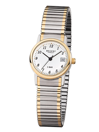 REGENT F-889 Damenuhr Bicolor Edelstahl 25 mm Zugband Datum 5 BAR