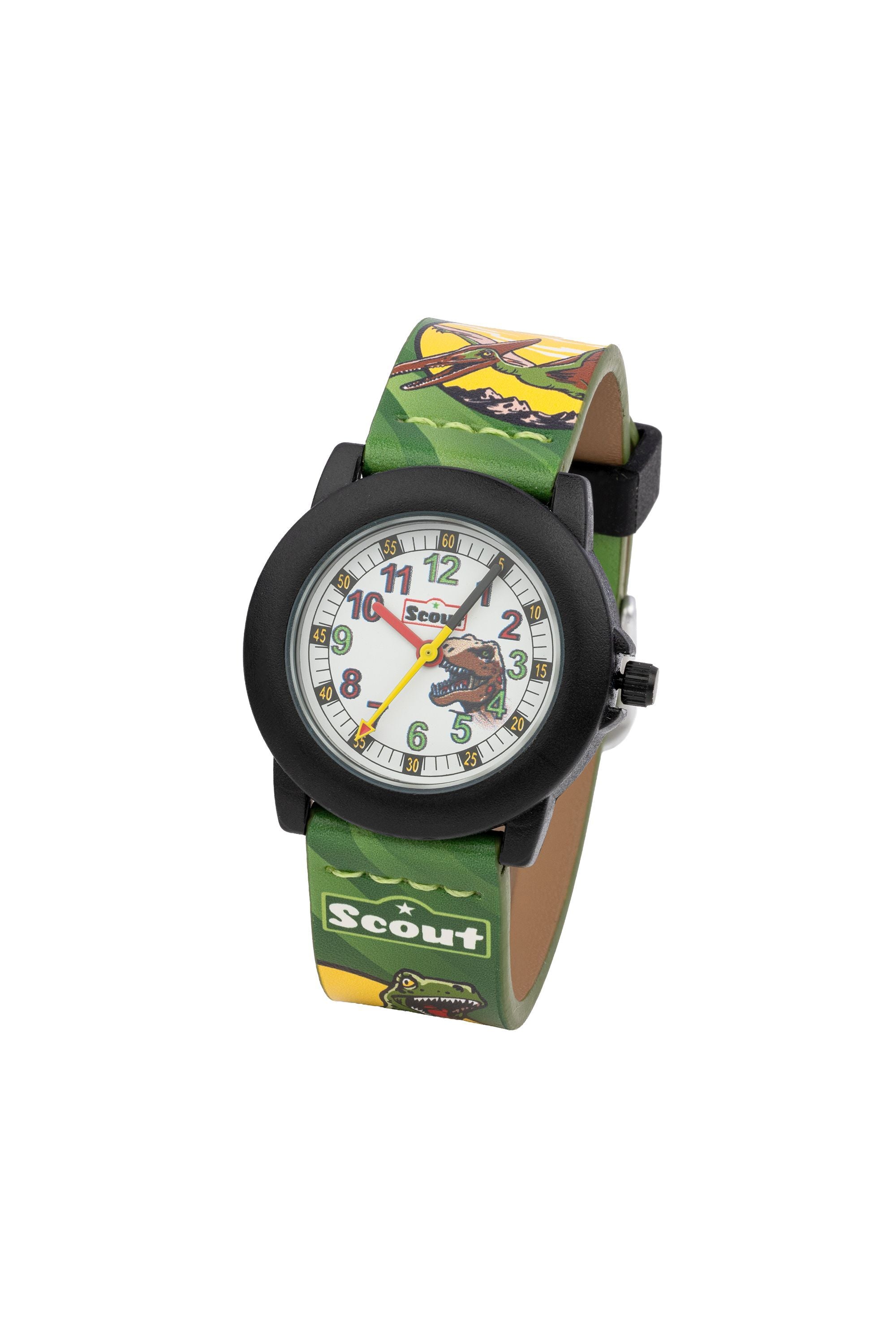 Scout Kinderuhr analog aus der Serie "Crystal" mit grünem Kunstlederband mit Dinosaurier-Motiven und Quarzwerk (164000013)