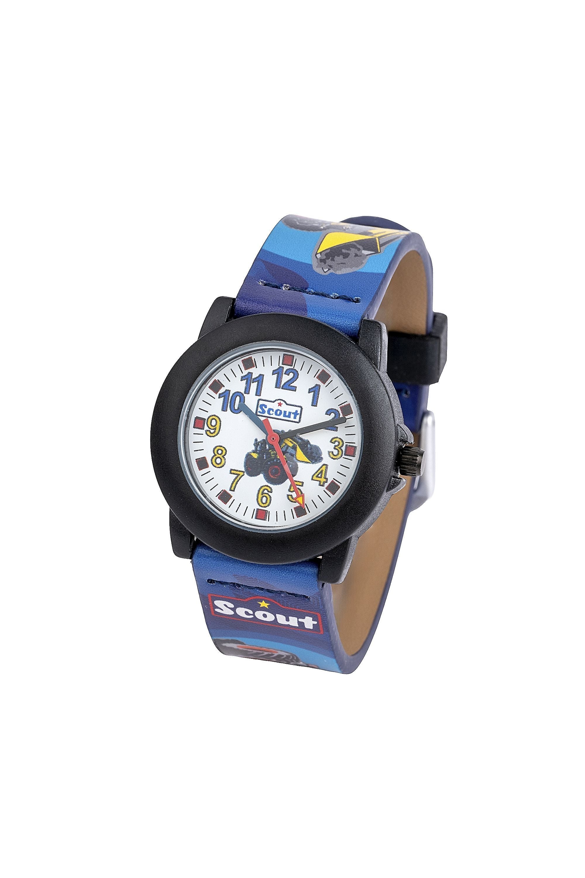 Scout Kinderuhr analog aus der Serie "Crystal" mit schwarz/blauem Kunstlederband mit Traktor- und Bagger-Motiv und Quarzwerk - OneSize (164000010)