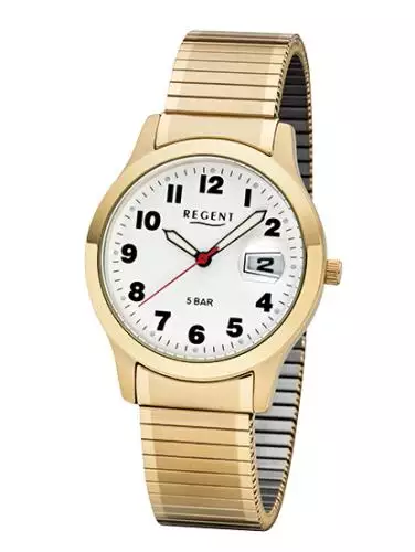 REGENT F-1017 Herrenuhr Goldfarben 39 mm Weiß Zugband 5 BAR