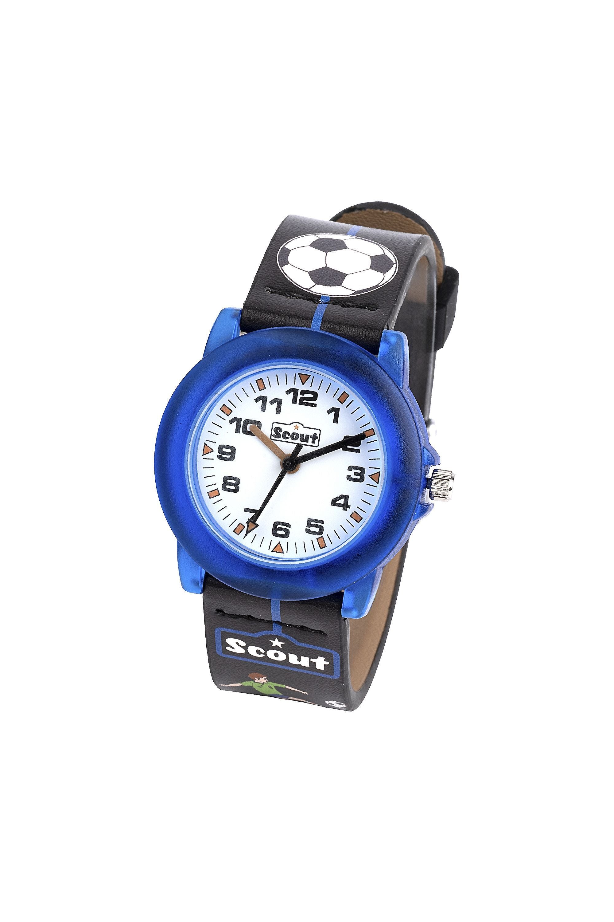Scout Kinderuhr analog aus der Serie "Crystal" mit schwarz/blauem Kunstlederband mit Fussball-Motiven und Quarzwerk (164000007)