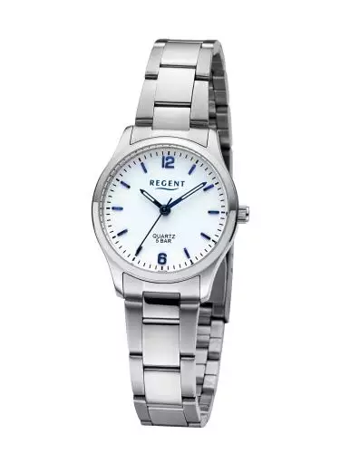 REGENT F-1419 Damenuhr Edelstahl 27 mm Weiß Metallband 5 BAR
