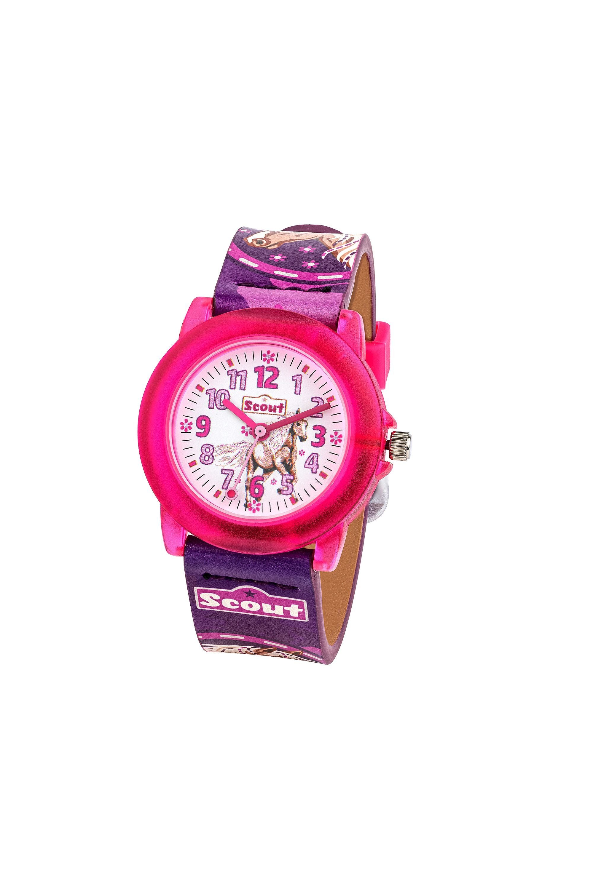 Scout Kinderuhr analog aus der Serie "Crystal" mit lila pinkem Kunstlederband, Pferde-Motiven und Quarzwerk - OneSize (164000014)