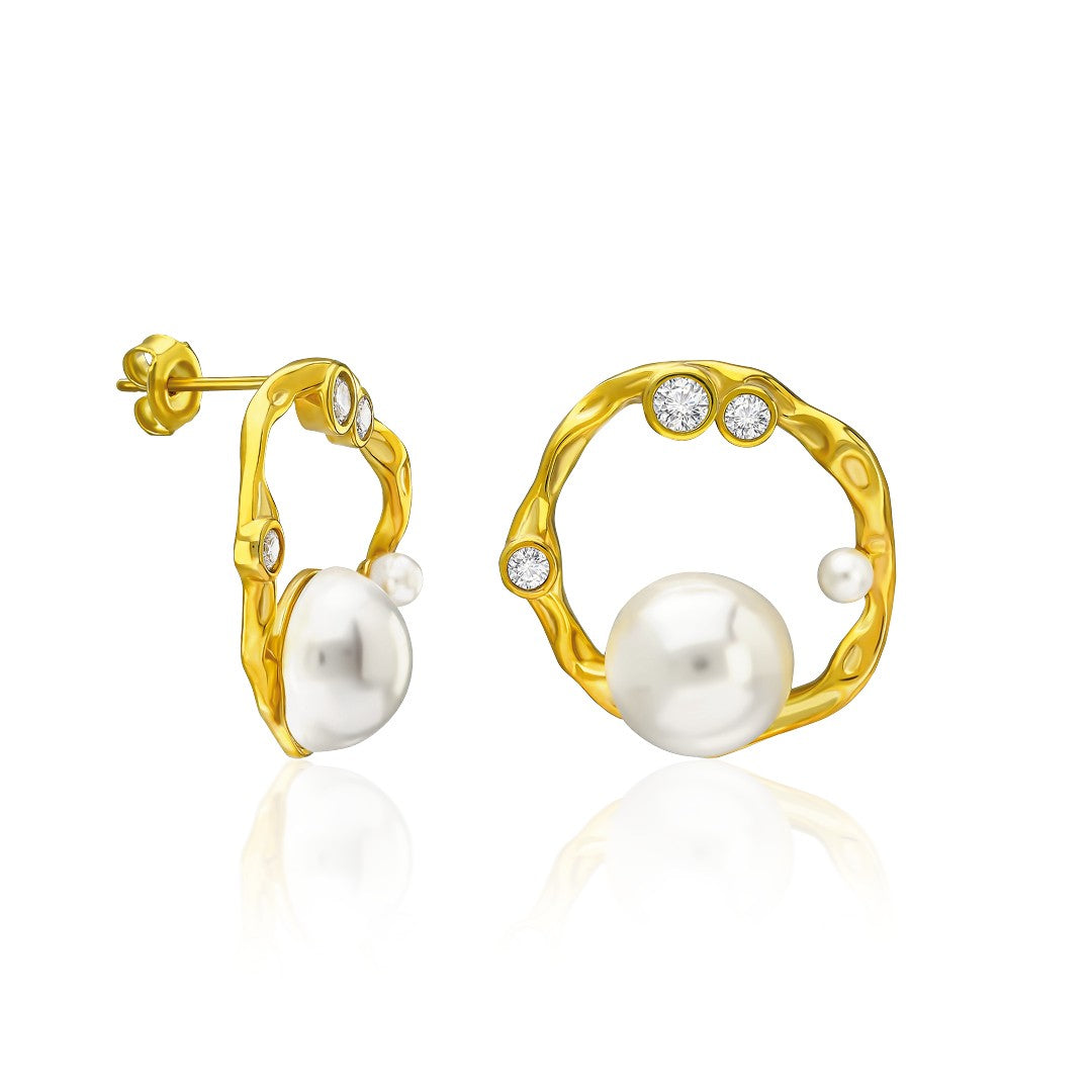 Large Pearl Stone Hoop Earrings - 925 SILVER