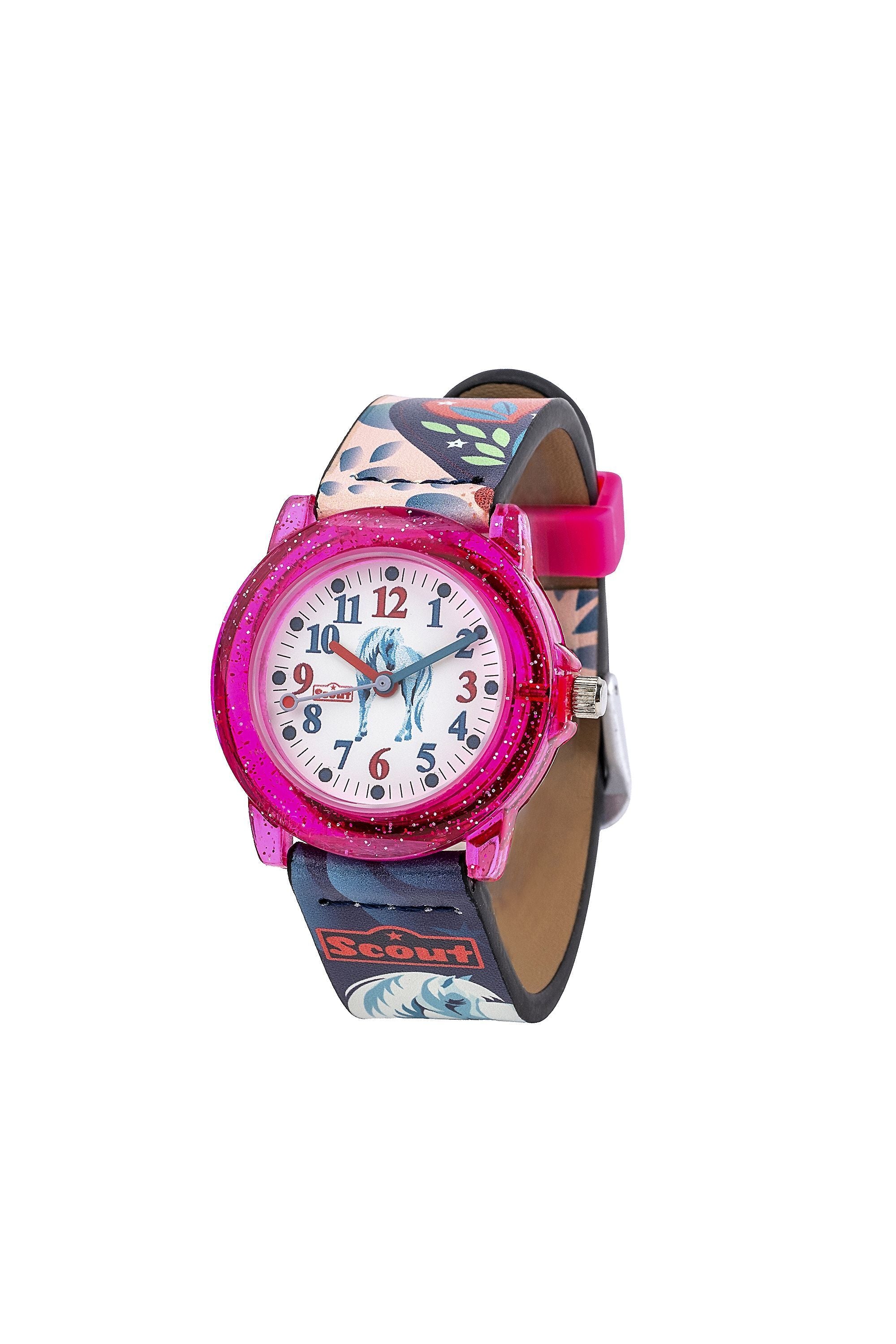 Scout Kinderuhr analog aus der Serie "Crystal" mit rosa/blauem Kunstlederband, Pferde-Motiven und Quarzwerk (164000018)