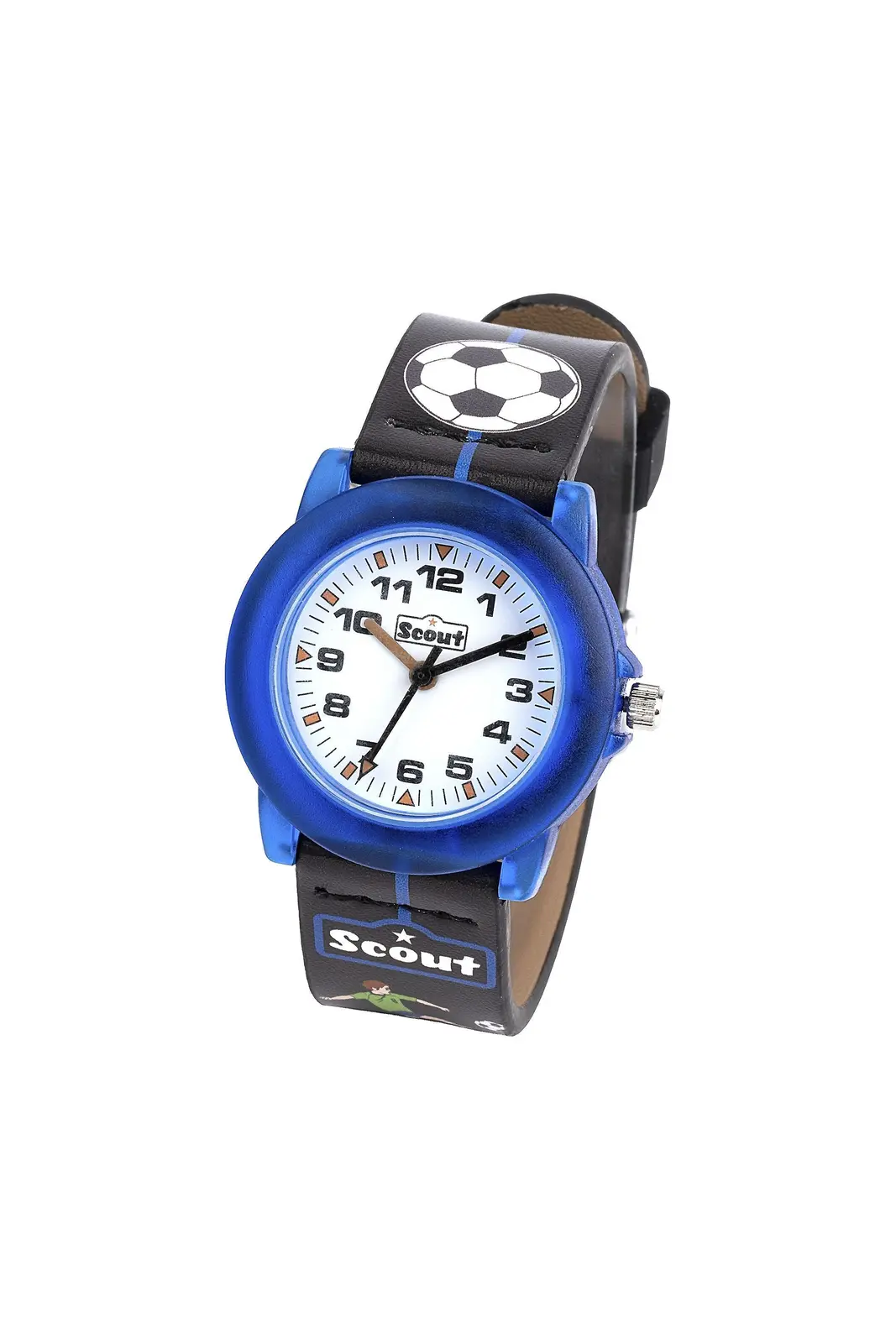 Scout Kinderuhr analog aus der Serie "Crystal" mit schwarz/blauem Kunstlederband mit Fussball-Motiven und Quarzwerk